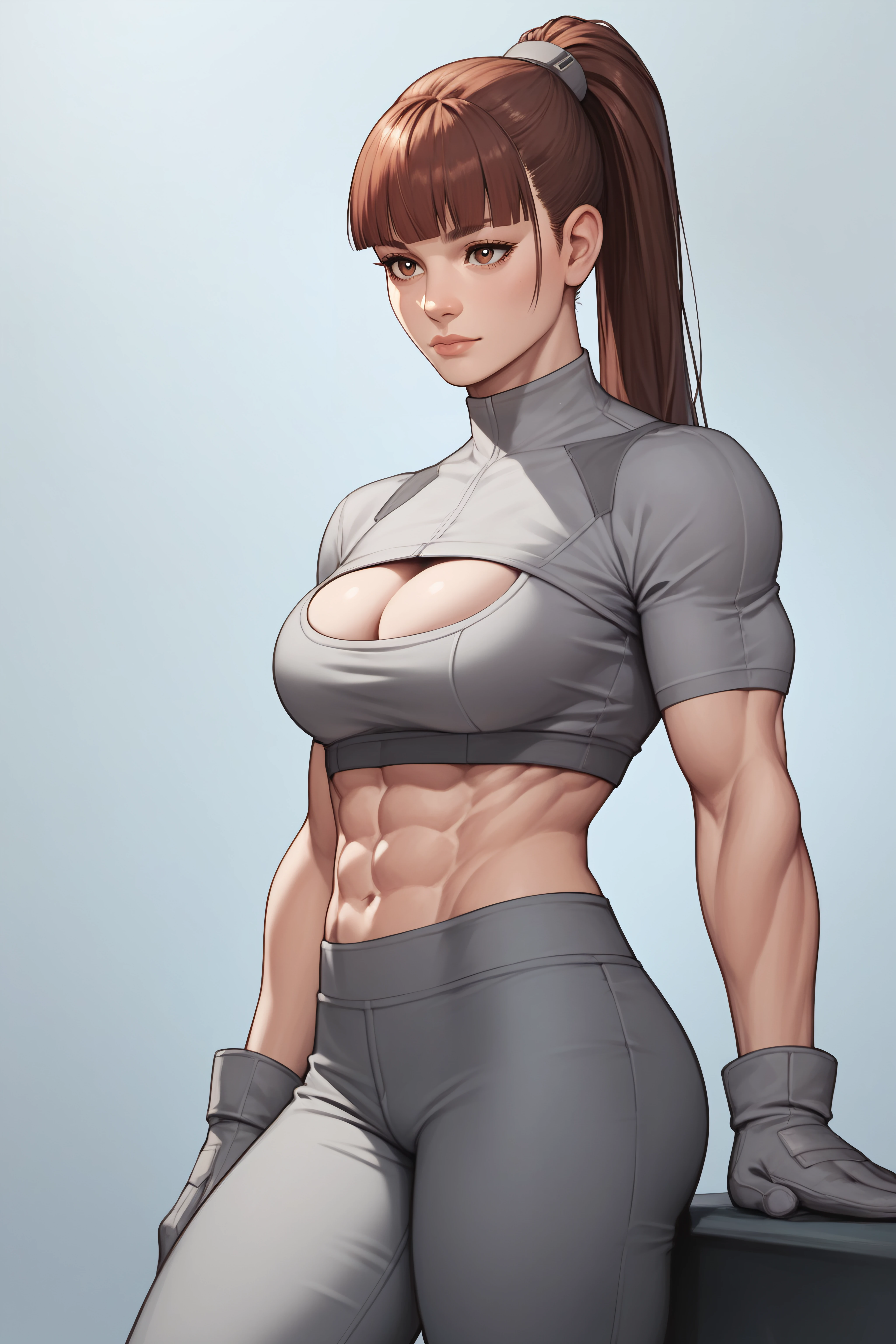 score_9, score_8_up, score_7_up, score_6_up, score_5_up, score_4_up, <lora:Red Butterfly-PonyXL-lora-Faxtron:0.8> red butterfly, brown eyes, brown hair, blunt bangs, high ponytail, medium breasts, muscular female, grey crop top, short sleeves, grey pants, midriff, cleavage cutout, grey gloves,