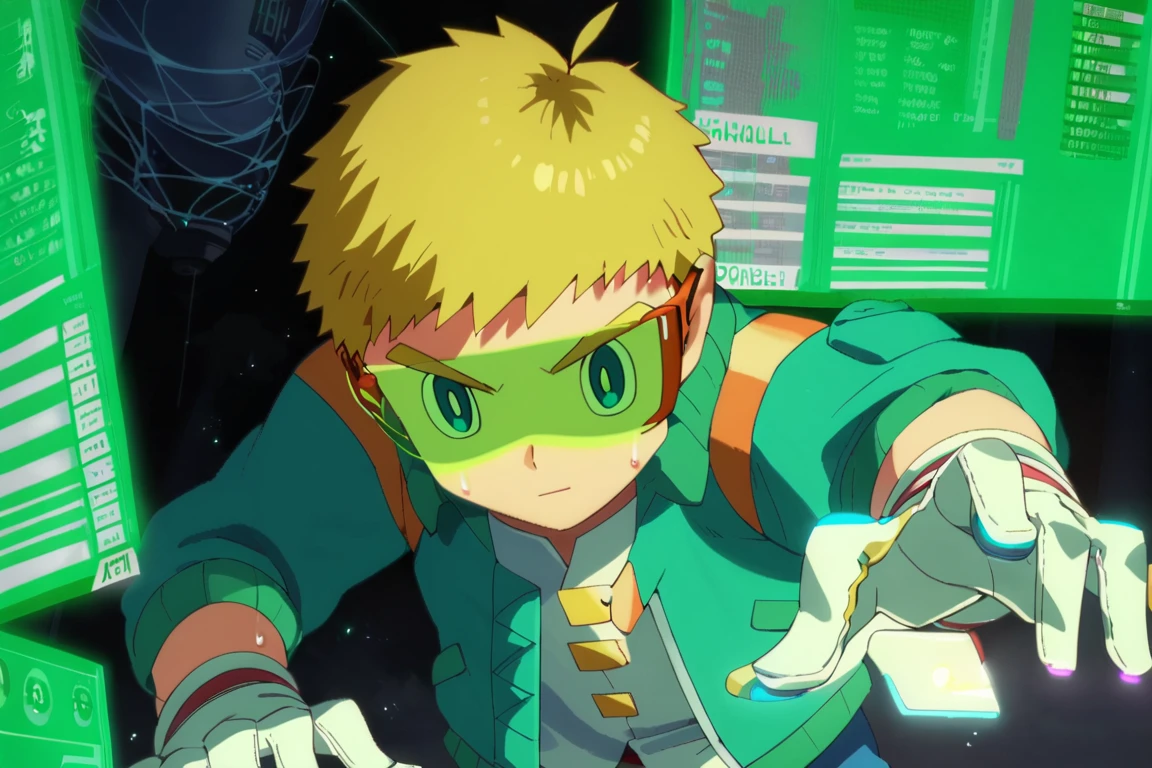 score_9,score_8_up,score_7_up,source_anime,1boy, male, solo, Flock,blonde hair, blue eyes, glasses,white gloves, holographic interface, smole, sweat_drop, battle_stance<lora:EMS-383141-EMS:1.000000>