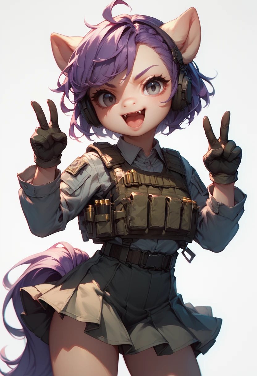 (score_9, score_8_up), score_7_up, zPDXL, simple background, shirt, 1girl, purple hair, grey eyes, white background, skirt,  uniform, military, black military uniform, bullet proof vest, mouth open, fang, cute, clenched hand, gloves, v sign, high pony tail, camouflage
<lora:warcore-000011:0.9>