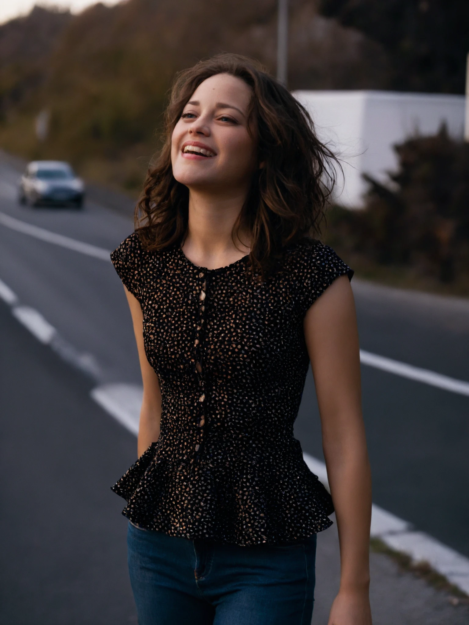 marioncotillard woman wearing peplum top and skinny jeans , highway, laughing, golden hour, <lora:marioncotillard-XL:1>