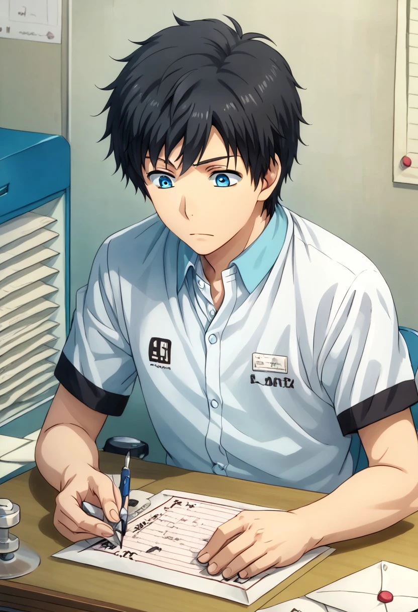 high resolution, solo, best quality, 1Boy, Arata Kaziaki, Black Hair, Blue Eyes, Writing a letter, stationery, heartfelt, personal,