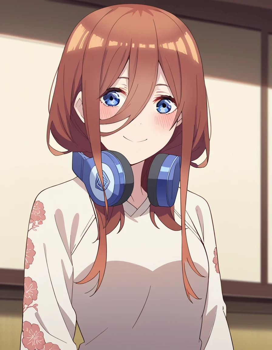 score_9, score_8_up, score_7_up, source_anime, mikunakano, <lora:miku-nakano-s2-ponyxl-lora-nochekaiser:1>, miku nakano, long hair, bangs, blue eyes, brown hair, hair between eyes, headphones, headphones around neck,, <lora:vietnamese-dress-ponyxl-lora-nochekaiser:1>, vietnamese dress, vietnamese clothes, rice hat,, indoors, smile, blush,, cowboy shot, dutch angle, looking at viewer,