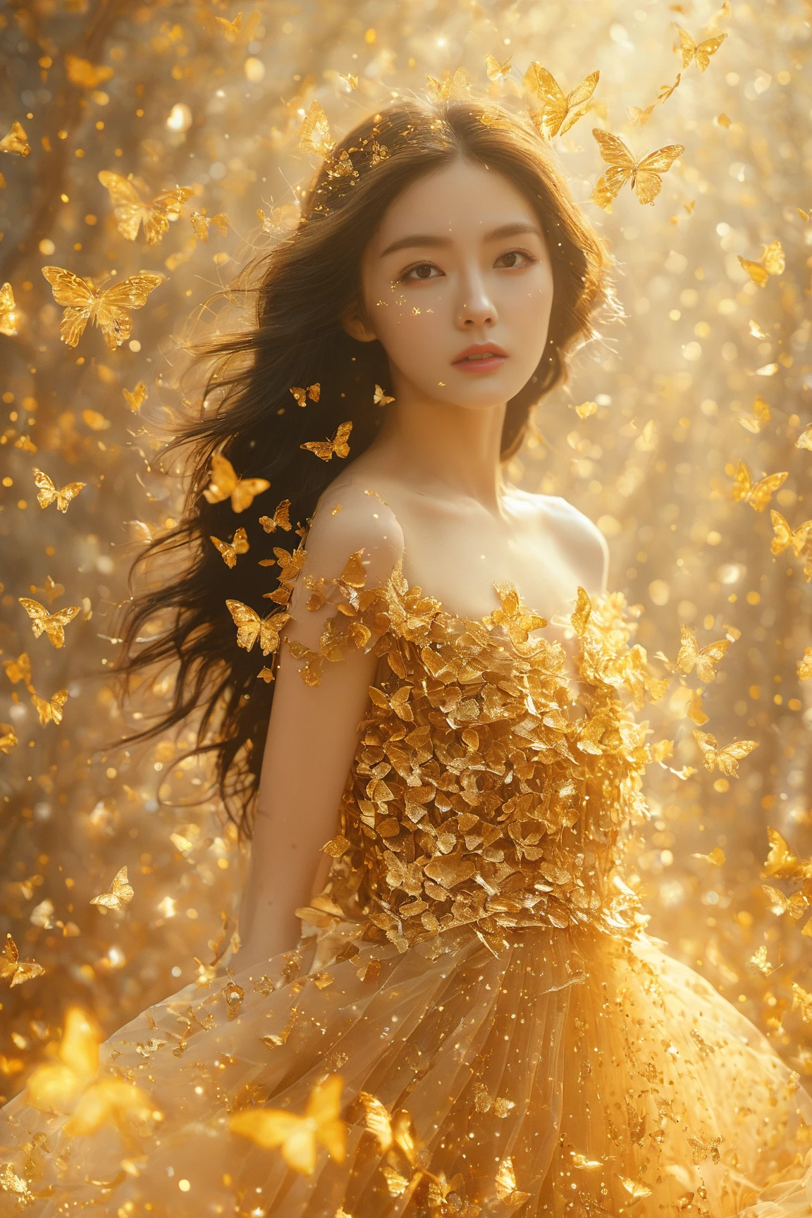 A young woman surrounded by a myriad of butterflies. She has long, flowing dark hair and is adorned with intricate, shimmering butterfly embellishments on her dress. The backdrop is filled with a bokeh effect, with golden light particles scattered throughout, giving the image a dreamy and ethereal ambiance.<lora:EMS-411922-EMS:1.000000>