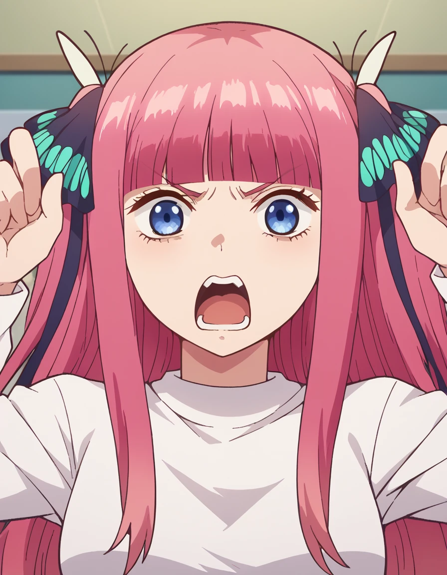 score_9, score_8_up, score_7_up, source_anime, ninonakano, <lora:nino-nakano-s1-ponyxl-lora-nochekaiser:1>, nino nakano, long hair, bangs, blue eyes, hair ornament, hair ribbon, pink hair, blunt bangs, two side up, butterfly hair ornament, mature female,, <lora:horns-pose-ponyxl-lora-nochekaiser:1>, horns pose, index fingers raised, angry, steam, open mouth, shouting, anger vein,, indoors,, cowboy shot, dutch angle, looking at viewer,