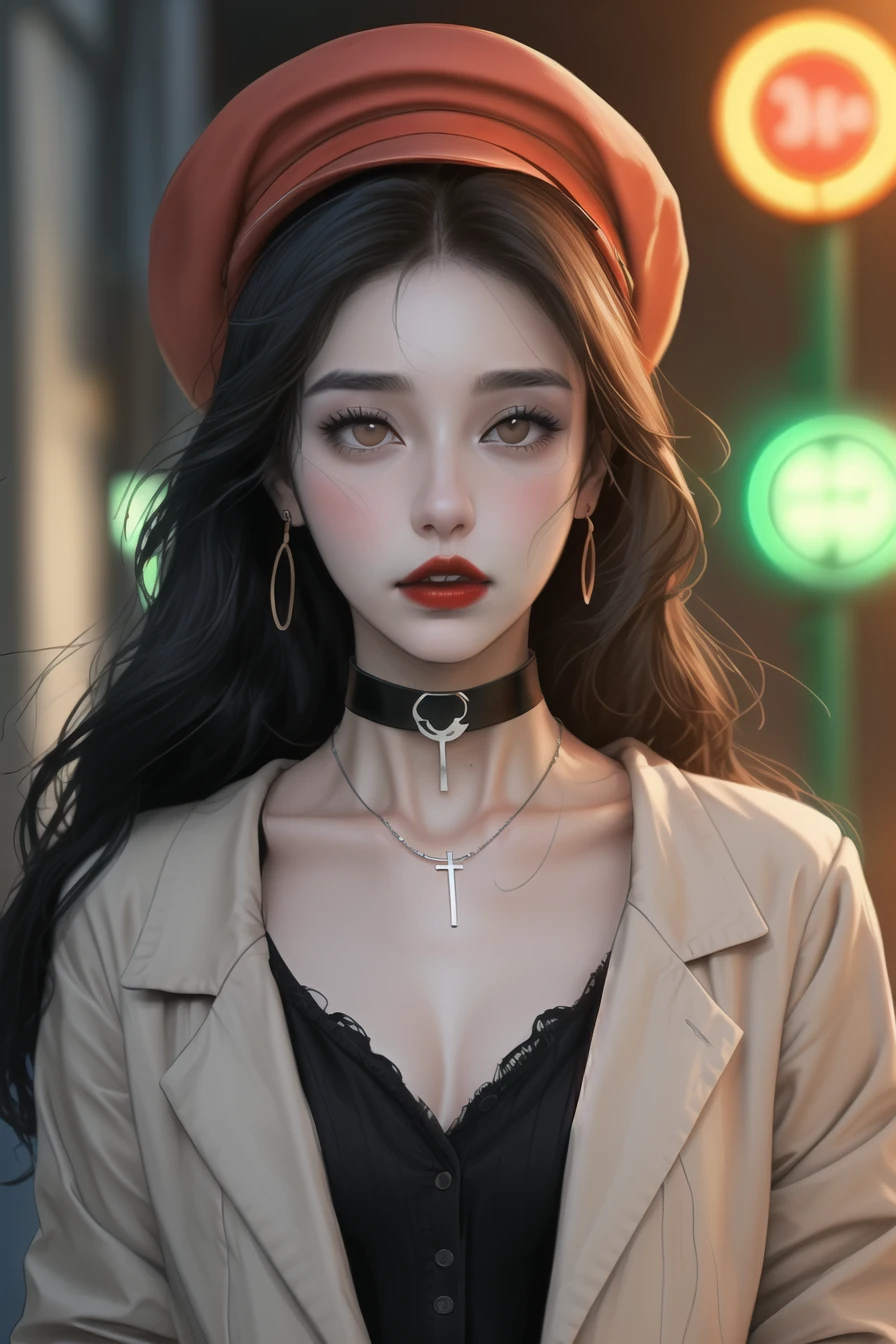 1girl, melancholic vibes, modern museum setting, smoking a cigarette, depression, sad mood, night time, rainy day, blues, long black hair, mole on cheek, beautiful, gorgeous, (masterpiece), stunning, exquisite, long nails, red lips, black eyes, muted colors in her outfit