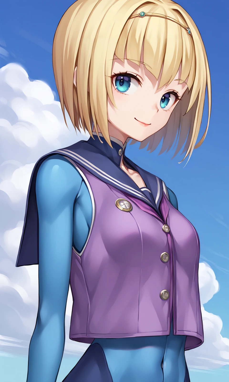 score_9, score_8_up, nyatabe BREAK
1girl, MilindaBrantini, blonde hair, blue eyes,
bodysuit, purple vest, sailor collar,
looking at viewer, arms at sides, light smile, upper body, straight-on,
outdoors, 
masterpiece, best quality, very aesthetic, absurdres, 
<lora:MilindaBrantini_Pony:1><lora:Nyatabe_Pony:0.65>