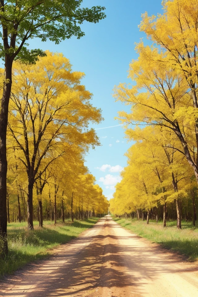 on a dirt road, sunny, tree-lined,