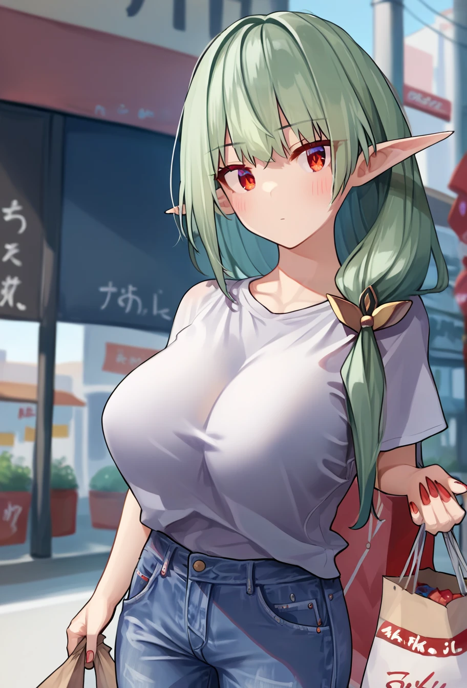 masterpiece,best quality, highly detailed, score_9, score_8_up, score_7_up, score_6_up, source_anime, rendered, BREAK, female focus, 1girl, cowboy shot, dutch angle, akaribaffu, long green hair, hair over shoulder, bangs, red eyes, large breasts, pointy ears, red nails,
oversized loose t-shirt, high rise jeans, single shopping bag, looking at viewer, eye contact, blushing, :<, outdoors, blue skies, cities, shopping district, akihabra, 