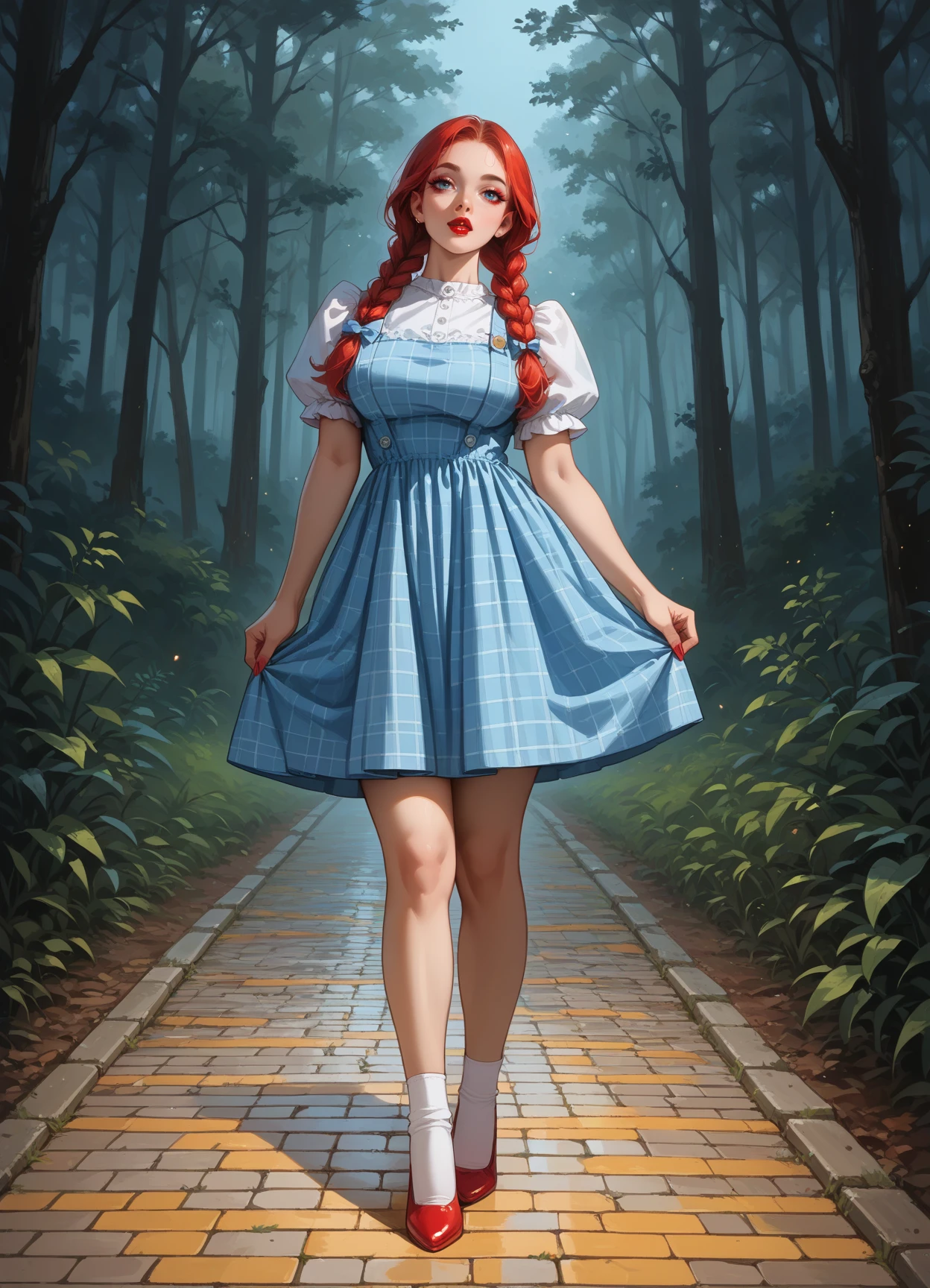 score_9, score_8_up, score_7_up, score_6_up, score_5_up, score_4_up, 1girl, solo, long red twin braids, makeup, lipstick, hud_drthy_drss, blue dress, pinafore dress, short puffy sleeves, plaid, <lora:dg-000008:0.6>, forest, dark, night, large breasts, sexy, red high heels, white socks, yellow brick road