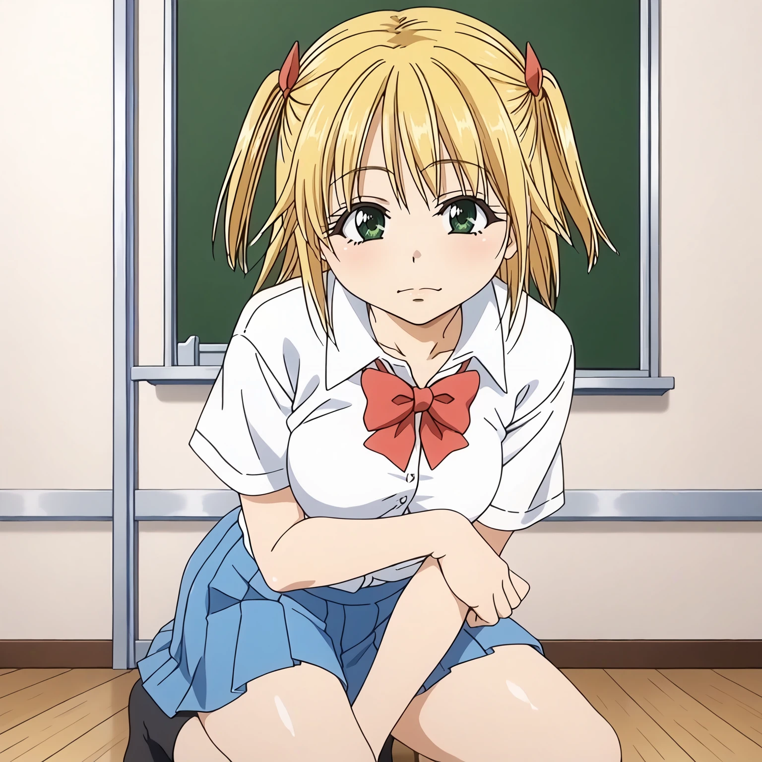 <lora:YuiWadaXLpony001>,
solo,
YuiWada,1girl,blonde hair,two side up,green eyes,
school_uniform,white shirt,red bowtie,short_sleeves,
pleated_skirt,blue skirt,
black socks,