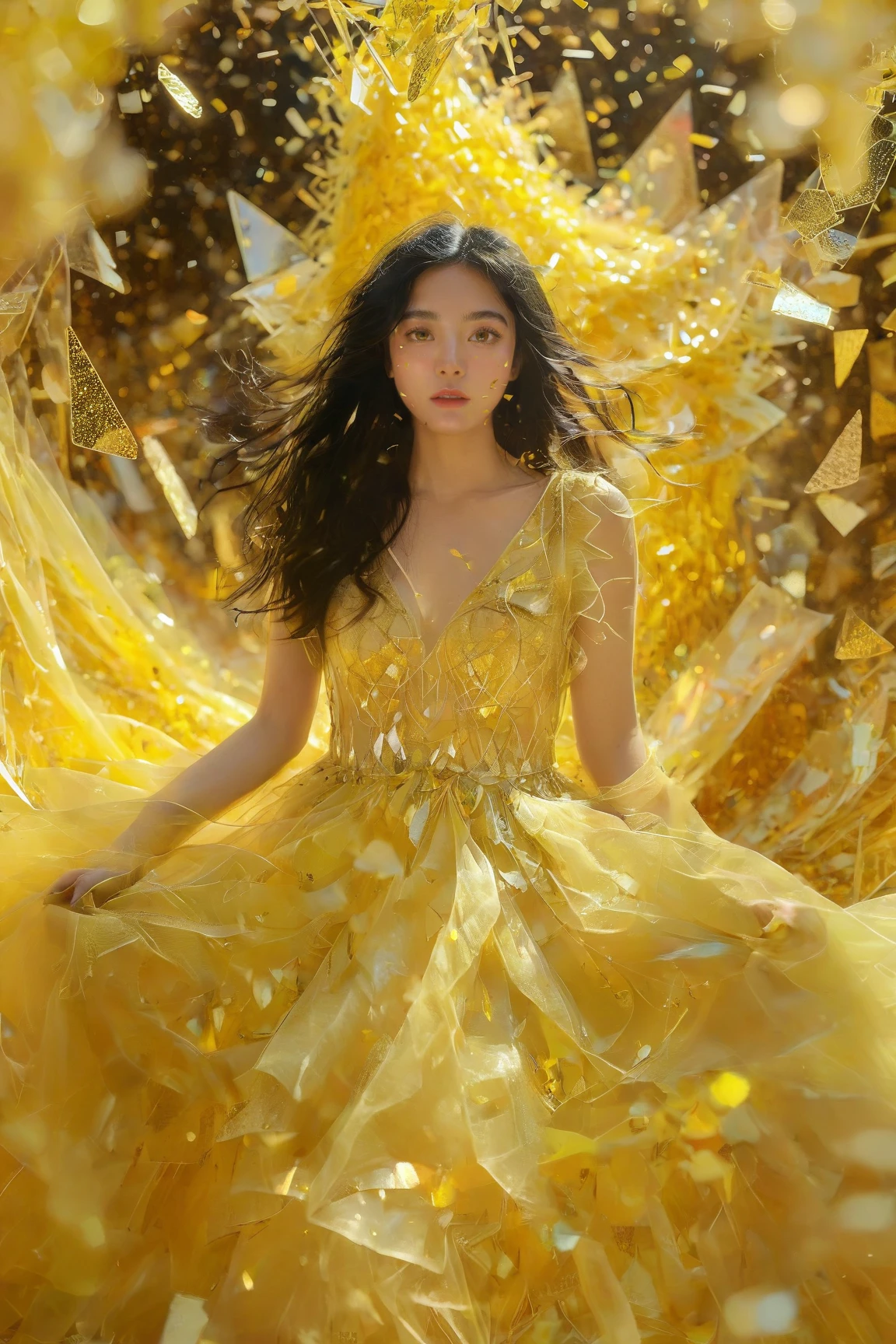 A young woman with long, flowing black hair amidst a vibrant backdrop of golden shards or confetti. She wears a translucent, yellow dress with intricate patterns, and her gaze is directed towards the viewer. The overall ambiance of the image is ethereal and dreamy, with the golden shards creating a dynamic and shimmering effect around her.<lora:EMS-310343-EMS:0.800000>, <lora:EMS-412156-EMS:0.600000>