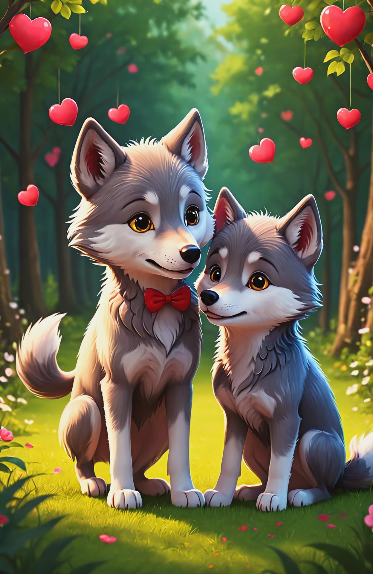 Love is, two wolfes, hearts, cute, kawaii, realistic, illustration, bold lines, masterpiece, depth of field detailed background,  <lora:Love_is_antinoice_XL:0.5>