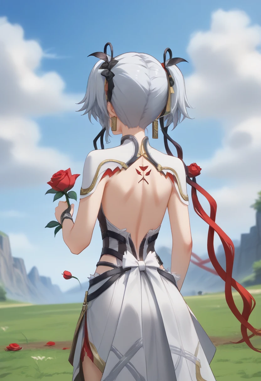 1girl, solo, ribbon, holding, twintails, jewelry, hair ribbon, flower, earrings, outdoors, sky, day, cloud, from behind, blue sky, rose, grass, red flower, scenery, red rose, holding flower, facing away, Camellya  <lora:SDXL_Hyper:1>  <lora:Timm_Style_XL:1> <lora:StaC:1>