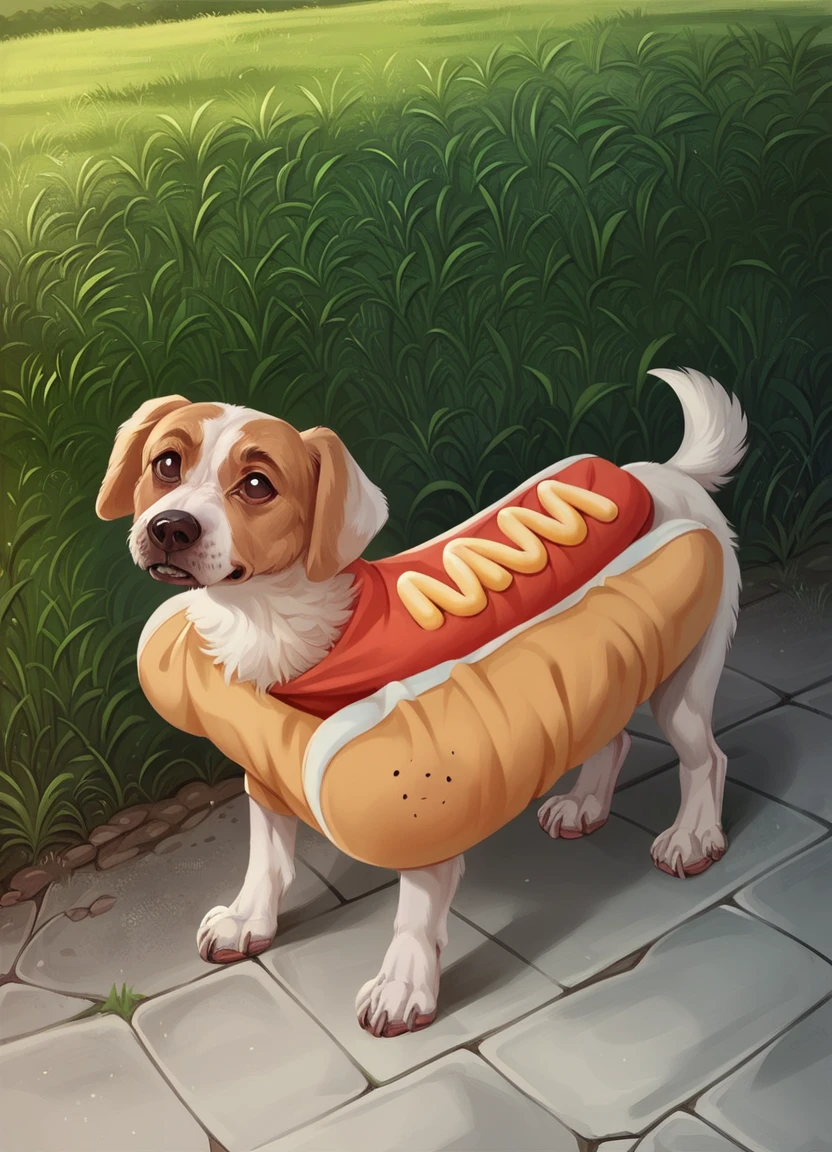 catalog shot of score_9, score_8_up, score_7_up, score_6_up, score_5_up, score_4_up, hud_d0g, no humans, animal focus, white dog, hot dog costume, mustard, <lora:doggy:0.7>, outdoors, yard unbuttoned