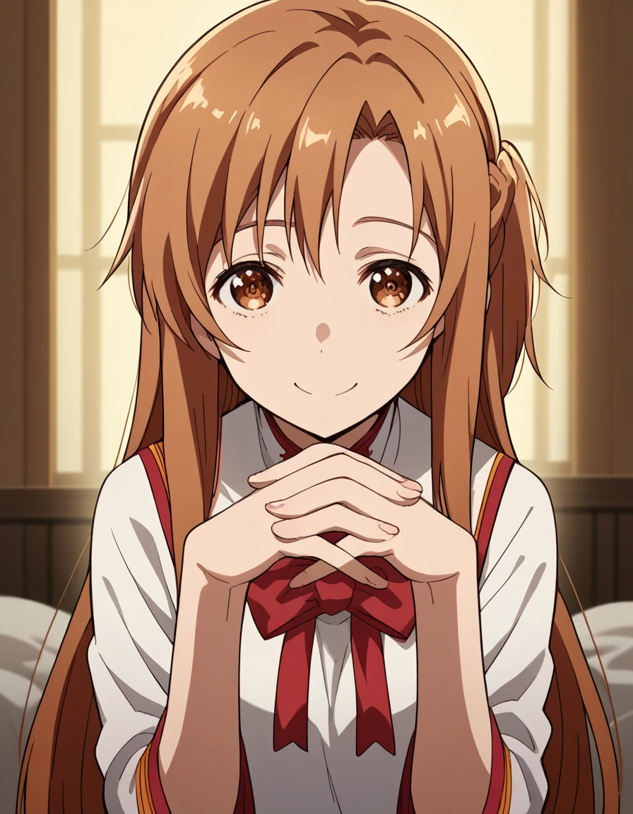 score_9, score_8_up, score_7_up, source_anime, asunayuuki, <lora:asuna-yuuki-s1-ponyxl-lora-nochekaiser:1>, asuna yuuki, long hair, brown hair, brown eyes,, <lora:gendou-pose-ponyxl-lora-nochekaiser:1>, gendou pose, own hands clasped, own hands together, parody,, indoors, smile,, cowboy shot, dutch angle, looking at viewer,