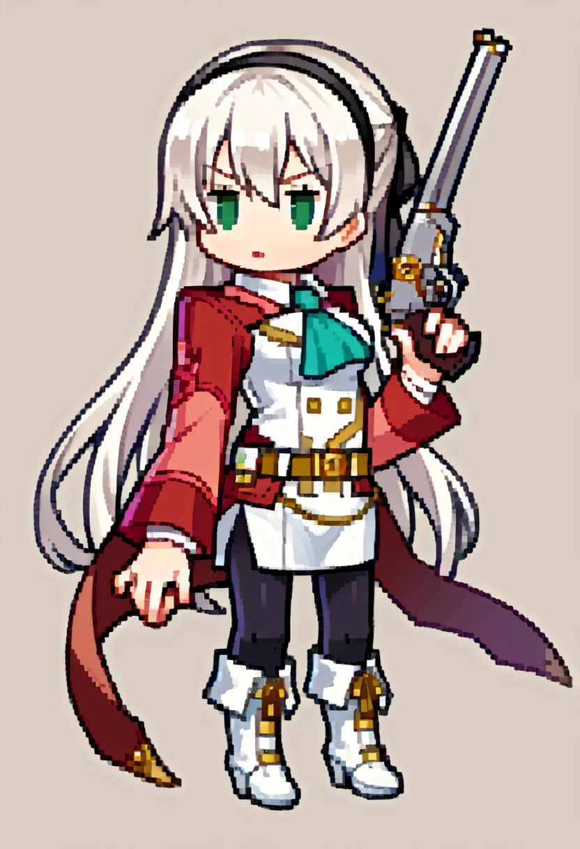 score_9, score_8_up, score_7_up, source_anime, BREAK 1girl, solo,  <lora:Feh-Sprites-pdxl_Fp:1>, simple background, chibi, full body, <lora:elie-pdxl-nvwls-v1:1>, zeroElie, black hairband, hair ribbon, long hair, ascot, uniform, long red sleeves, white dress, pencil skirt, belt, black pantyhose, white boots, holding gun, white hair, green eyes,