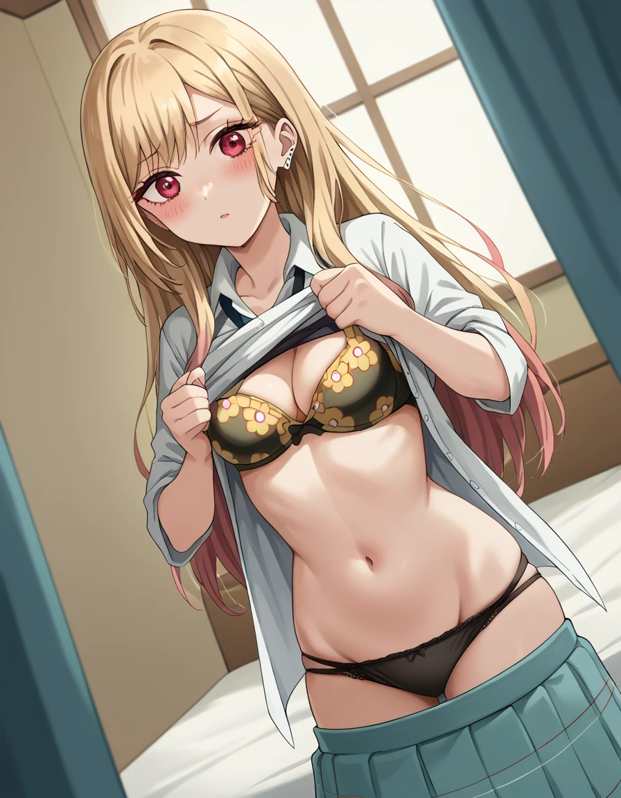 score_9, score_8_up, score_7_up, source_anime, marinkitagawa, <lora:marin-kitagawa-ponyxl-lora-nochekaiser:1>, marin kitagawa, long hair, bangs, blonde hair, red eyes, multicolored hair,, <lora:undressing-ponyxl-lora-nochekaiser:1>, undressing, underwear, clothes pull, pulling own clothes, bra, panties, panty pull, shirt lift, open shirt, skirt pull, clothes lift,, indoors, bed, bed room, blush,, looking at viewer, solo, cowboy shot, dutch angle