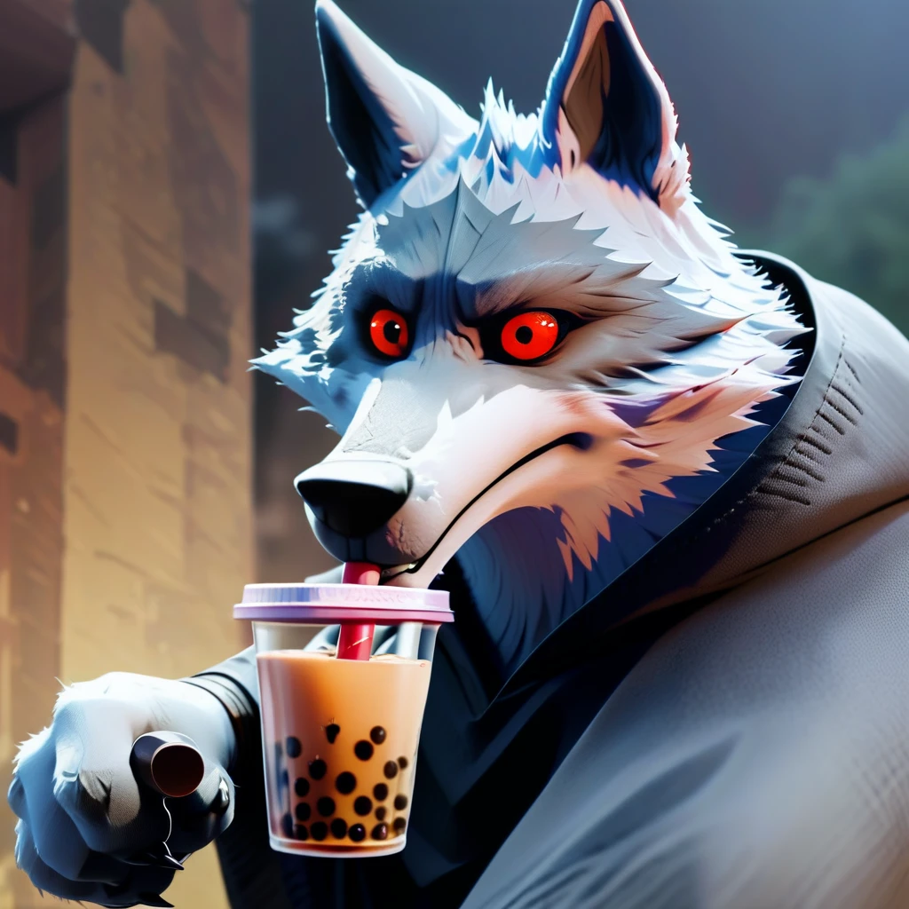 score_9, Death \(character\), wolf, 1boy, solo, red eyes, drink bubble tea, holding,