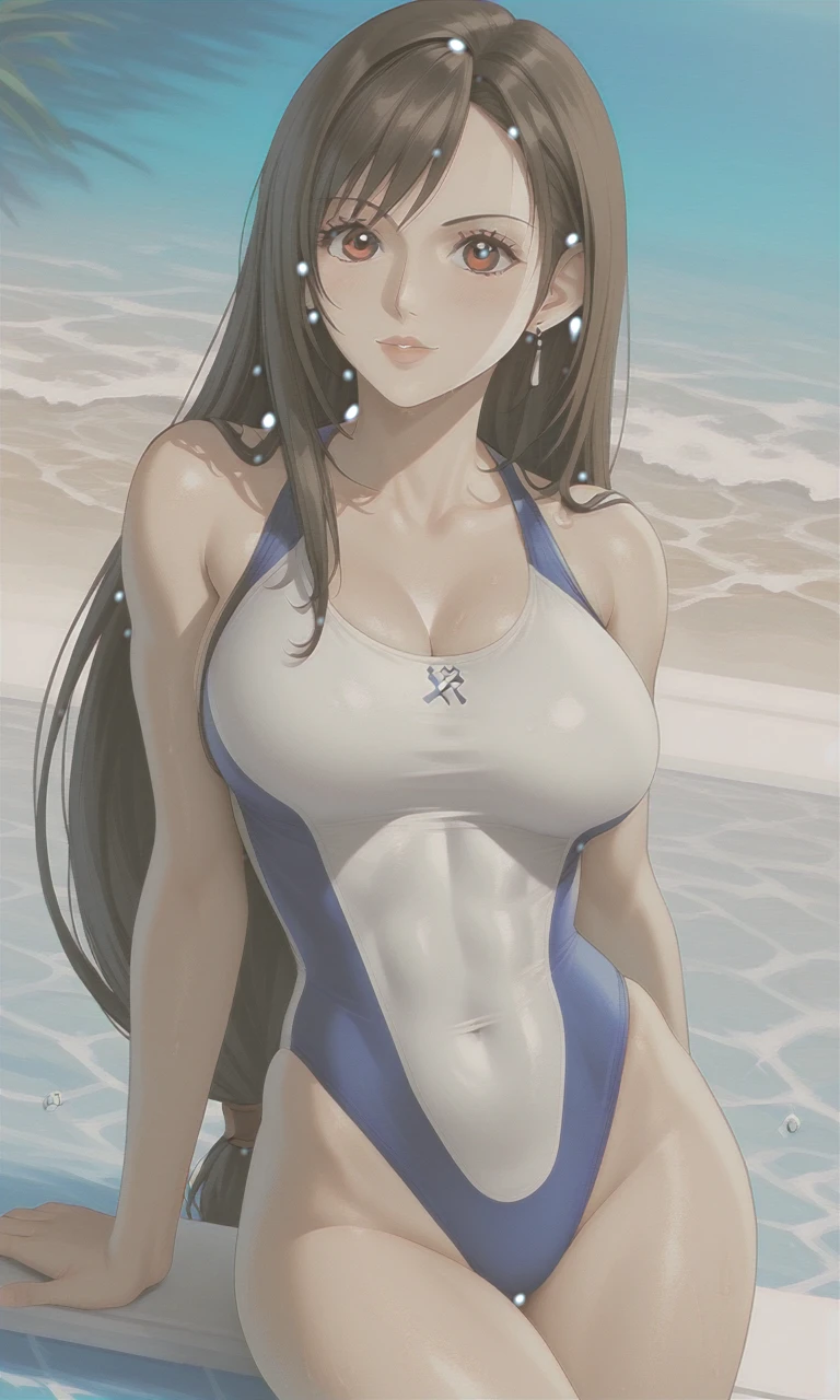 Tifa Lockhart, Final Fantasy VII, Long Black Hair, Bangs, Brown Eyes, Athletic and Toned, Large Breasts, One piece swimsuit, Halter swimsuit