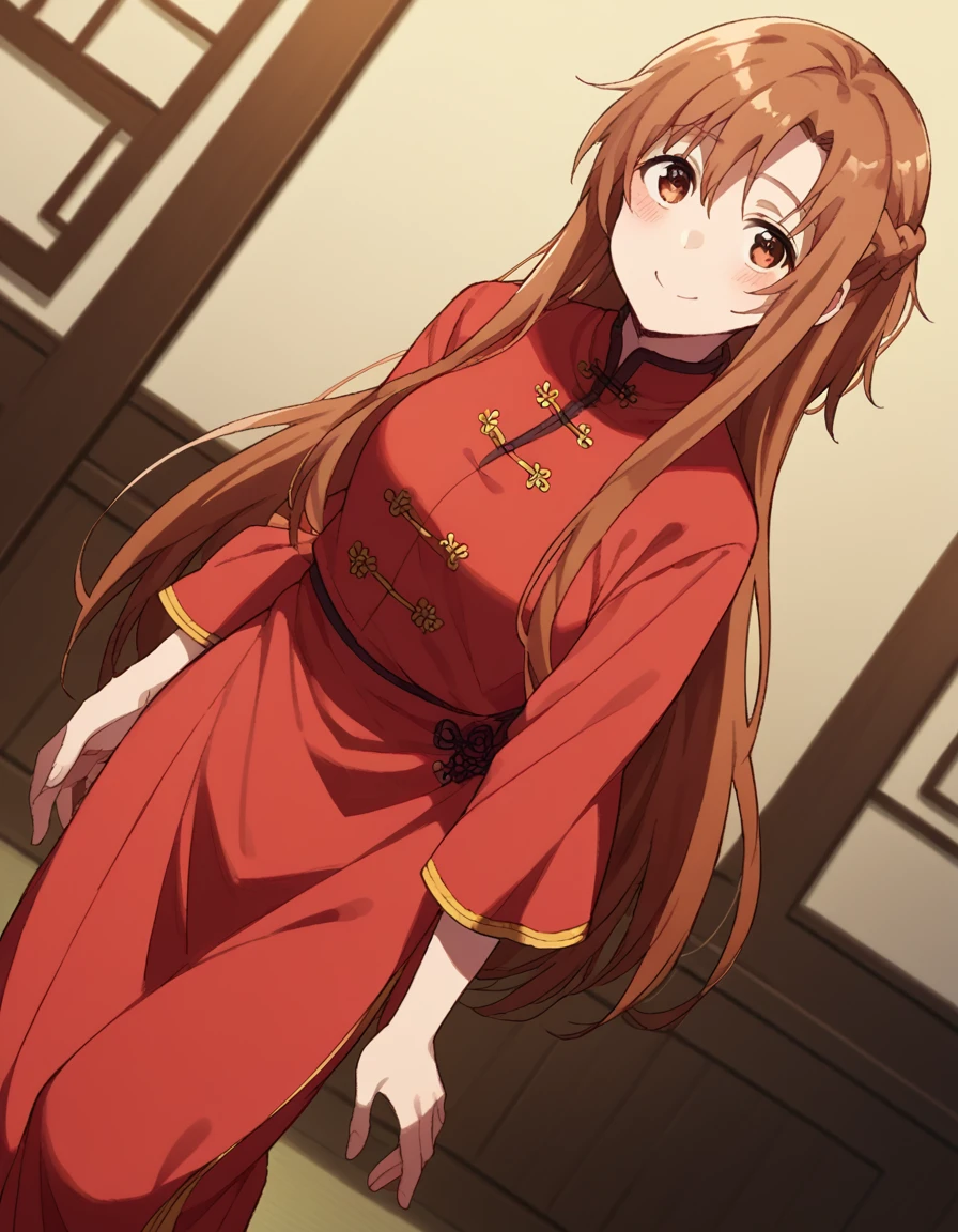 score_9, score_8_up, score_7_up, source_anime, asunayuuki, <lora:asuna-yuuki-s1-ponyxl-lora-nochekaiser:1>, asuna yuuki, long hair, brown hair, brown eyes,, <lora:tangzhuang-ponyxl-lora-nochekaiser:1>, tangzhuang, chinese clothes,, indoors, smile, blush,, full body, dutch angle, looking at viewer,