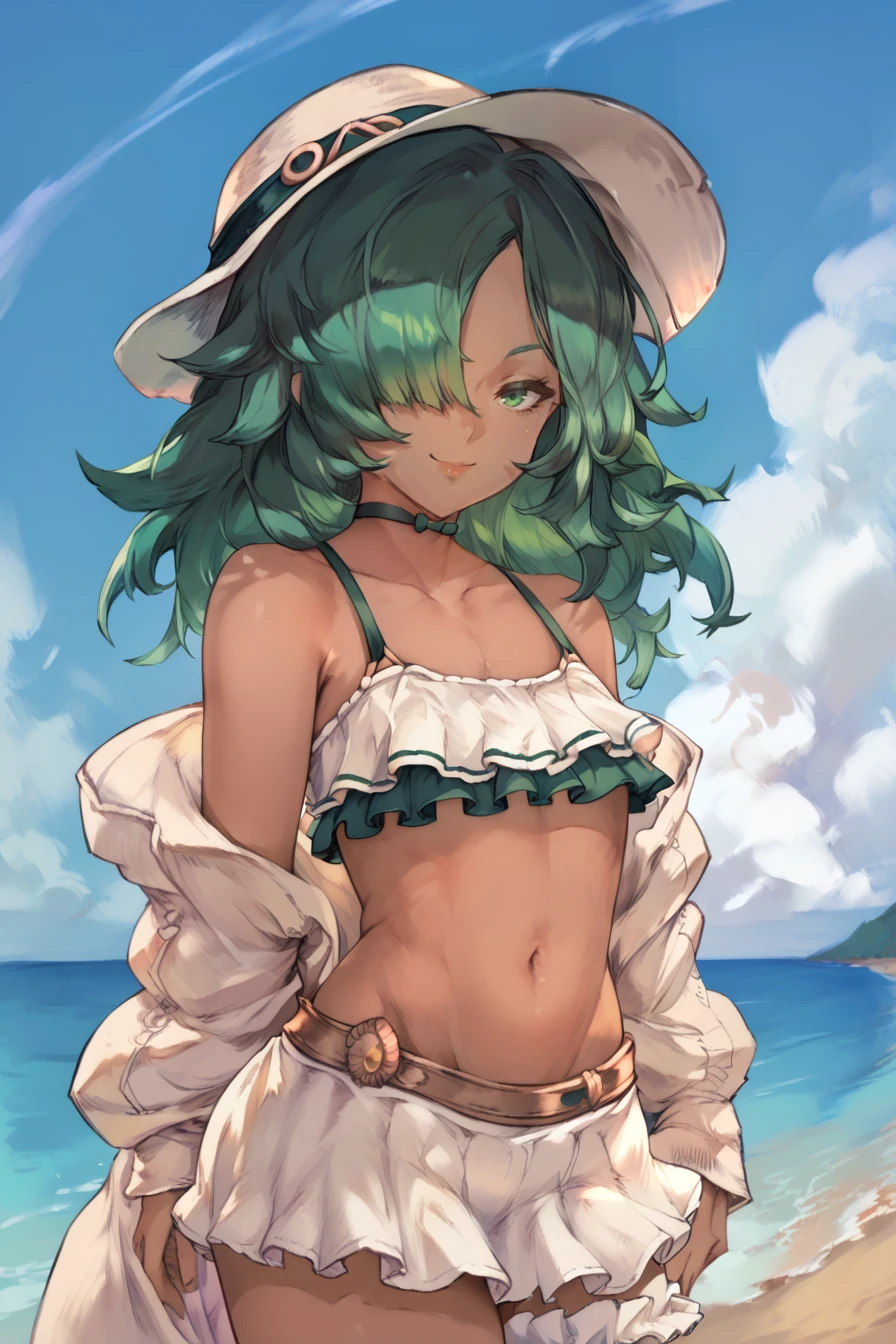 score_9, score_8_up, score_7_up, score_6_up, score_5_up, source anime, 
looking at viewer,  solo, <lora:SummerKolulu:0.8> , kolulu \(granblue_fantasy\), kolulusum, hat, hair over one eye, green hair, green eyes, dark skin, frilled bikini, flat chest, looking at viewer, navel, smile, closed mouth, 
beach, daytime, ocean,