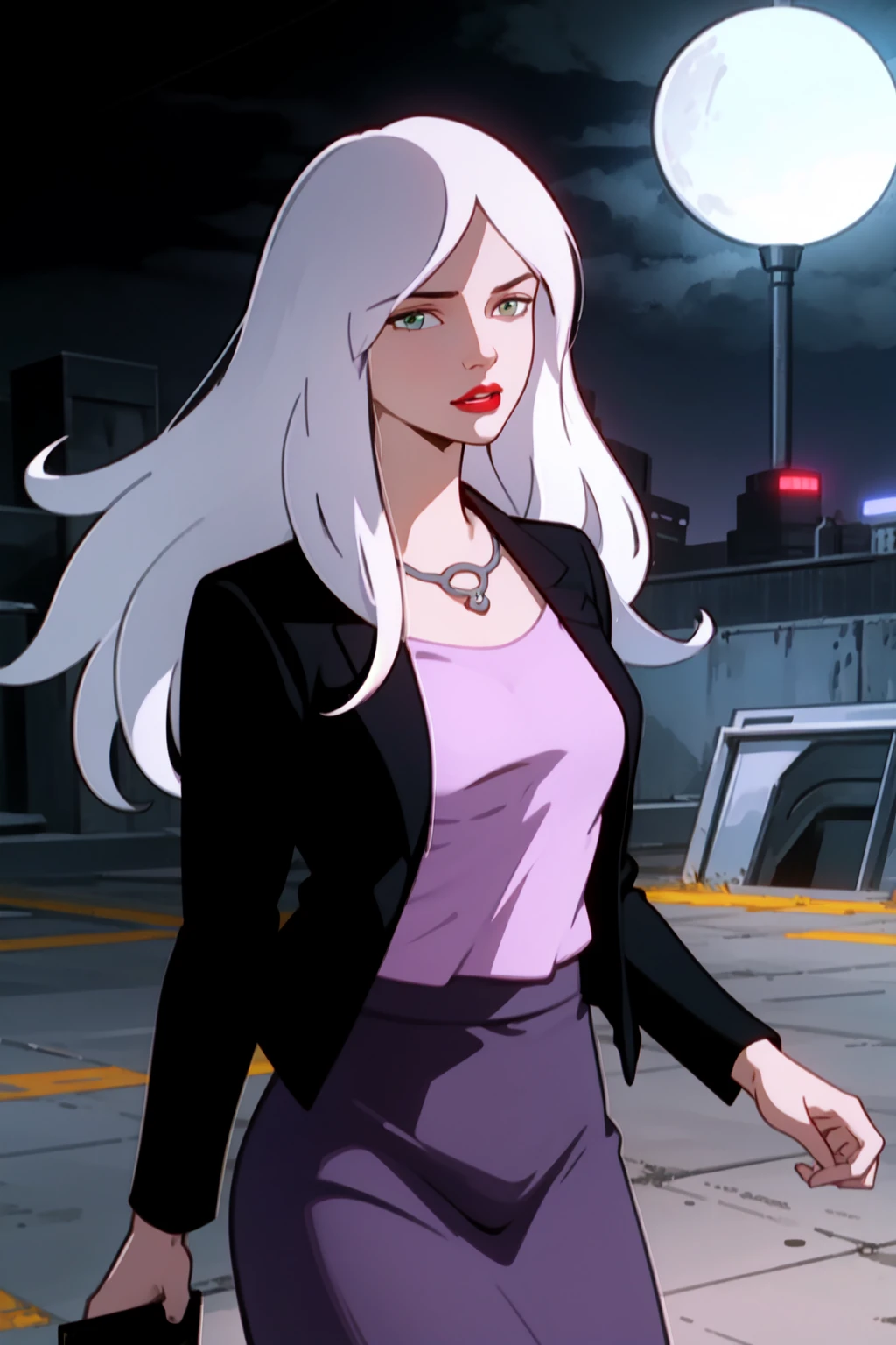 shlainn blaze, 1girl, solo, green eyes, pink lipstick, standing, white hair, long hair, necklace, light purple shirt, black jacket, medium breasts, dark purple skirt, long skirt, cowboy shot, cinematic lighting, highres, high quality, masterpiece, 4k, looking at viewer