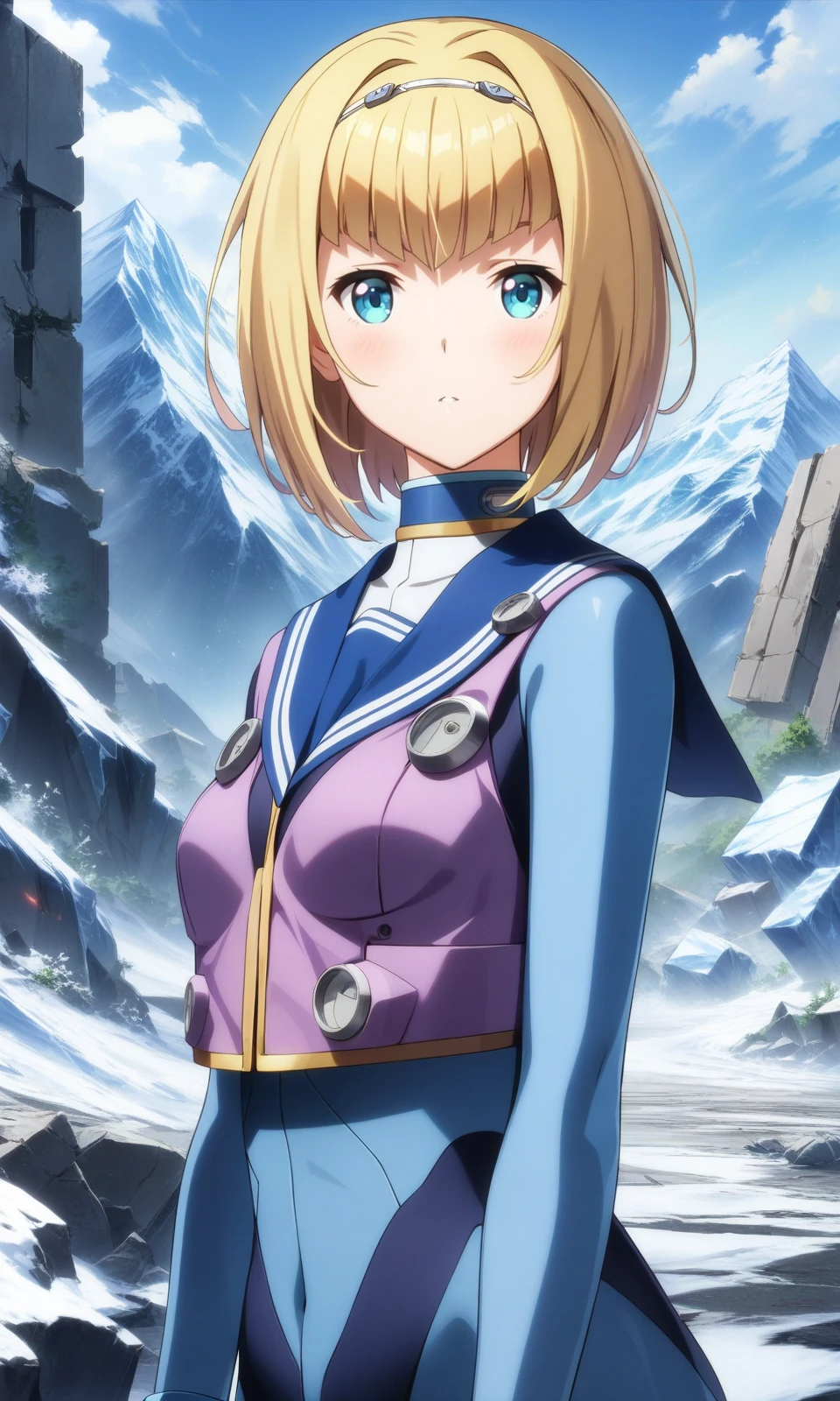 1girl, MilindaBrantini, blonde hair, blue eyes, bodysuit, gloves, hairband, highres, ice, looking at viewer, mountain, fficial art, sailor collar, short hair, solo, standing, 
upper body, straight-on, 
outdoors, ruins, 
masterpiece, best quality, very aesthetic, absurdres, 
<lora:MilindaBrantini_XL:1>