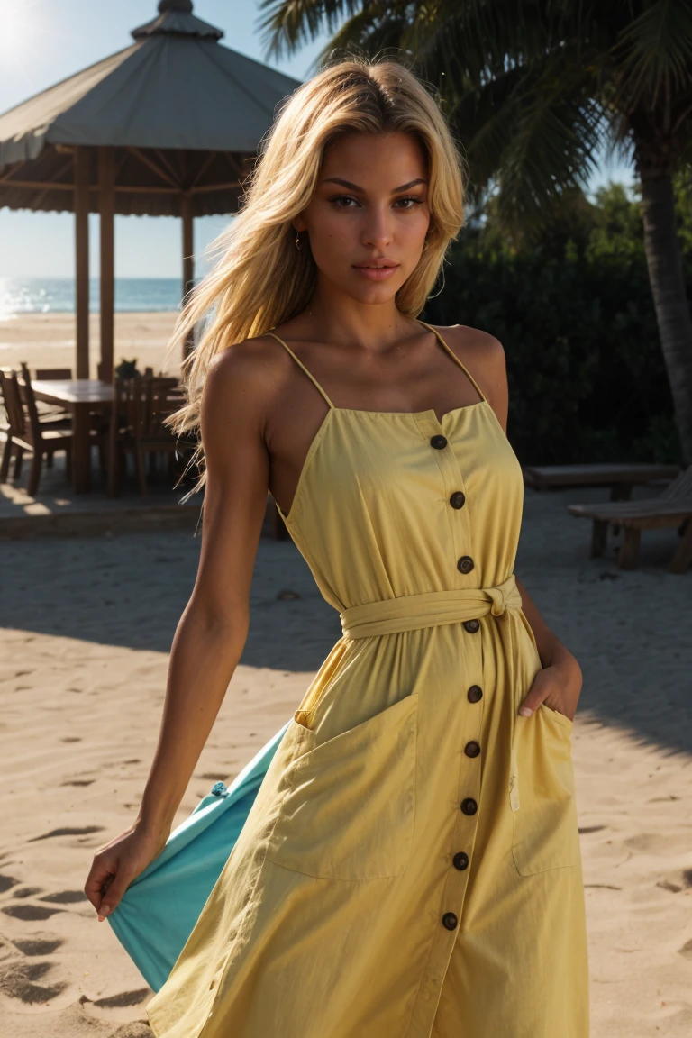 (Cinematic Shot:1.3)(Cowboy shot:1.3) Tower13_Esther (smile:1.3) (skinny, slim, slender, narrow waist:1.3)BREAK (Wearing Yellow Cotton Button-down midi sundress with a cinched waist and pockets:1.3) BREAK (At the Beach , in Berlin:1.3) ((Photo Focus, DOF, Aperture, insanely detailed and intricate, character, hypermaximalist, hyper realistic, super detailed, (lens flare)))<lora:exposure_control_v10:-0.35> <lora:more_details:0.3>