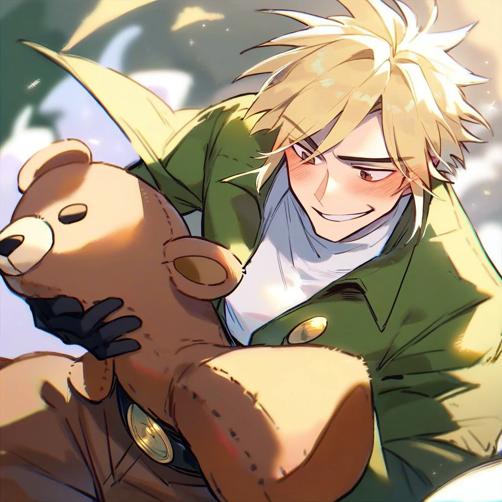 score_9,score_8_up,score_7_up, solo, 1boy, male focus, sidelocks, blonde hair, brown eyes, black gloves, white shirt, green jacket, belt, brown pants, holding stuffed animal, holsing teddy bear, smile, blush, looking down, holding, stuffed animal, teddy near