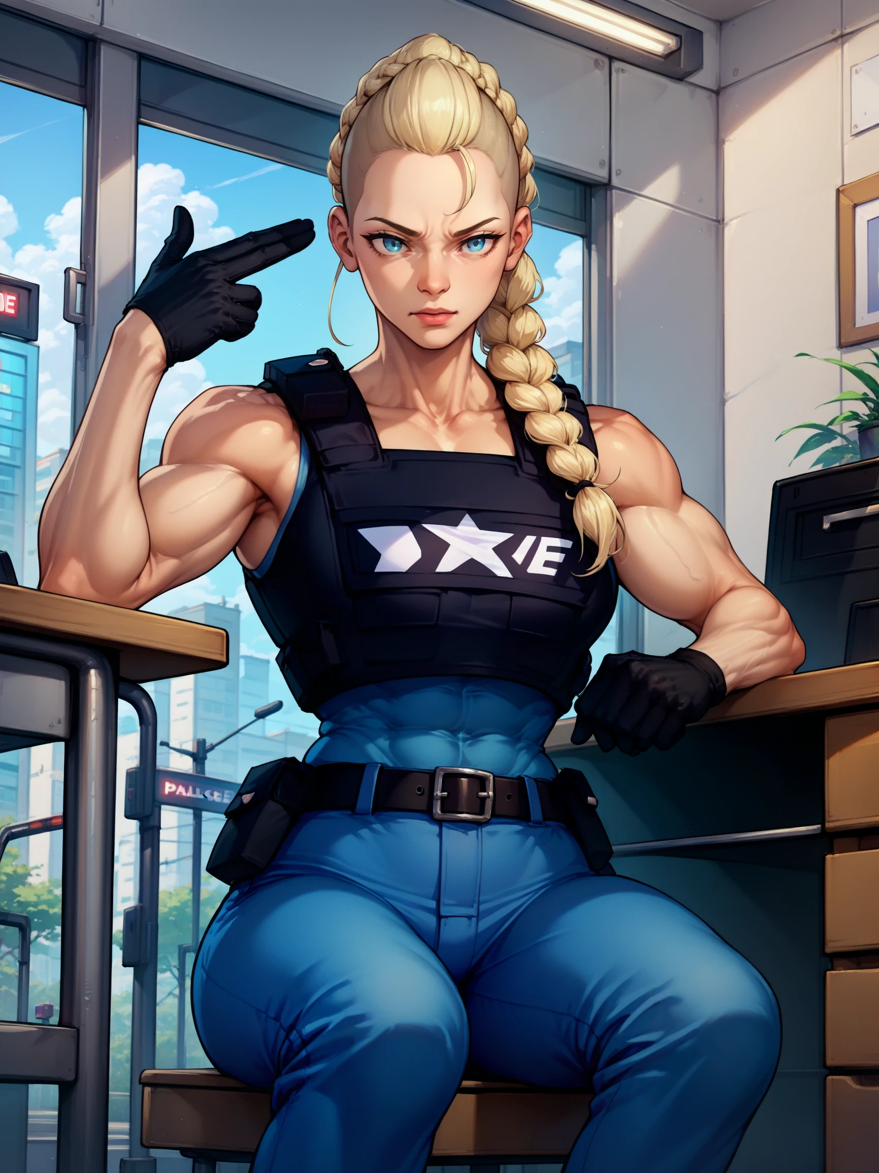 (masterpiece, best quality, incredibly absurdres, perfect anatomy, anatomically correct, perfect depiction, extremely detailed illustration, beautiful illustration), expressive eyes, perfect cool beauty face, (solo, mature:1.1, adult, 1girl, angry, serious ), cammy white, twin braids, long hair, blonde hair, antenna hair, garrison cap, blue headwear, blue eyes, scar on cheek, large breasts, yellow necktie, (blue leotard:1.1), long sleeves, fingerless gloves, bodypaint, standing, a hand to hips, slight smiles, fantastic, portrait, looking at the viewer,( London street, night, night sky in background )