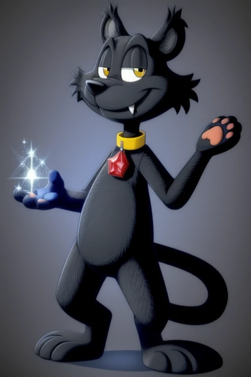 salem saberhagen, anthro, male, solo, jewel collar, red jewel collar, collar only, fangs, nude, null, standing, biped, tail, hand on hip, raised hand, pawpads, smile, masterpiece, extreme detail, half-closed eyes, smile, smug, looking at viewer, simple background, magic, sparkles