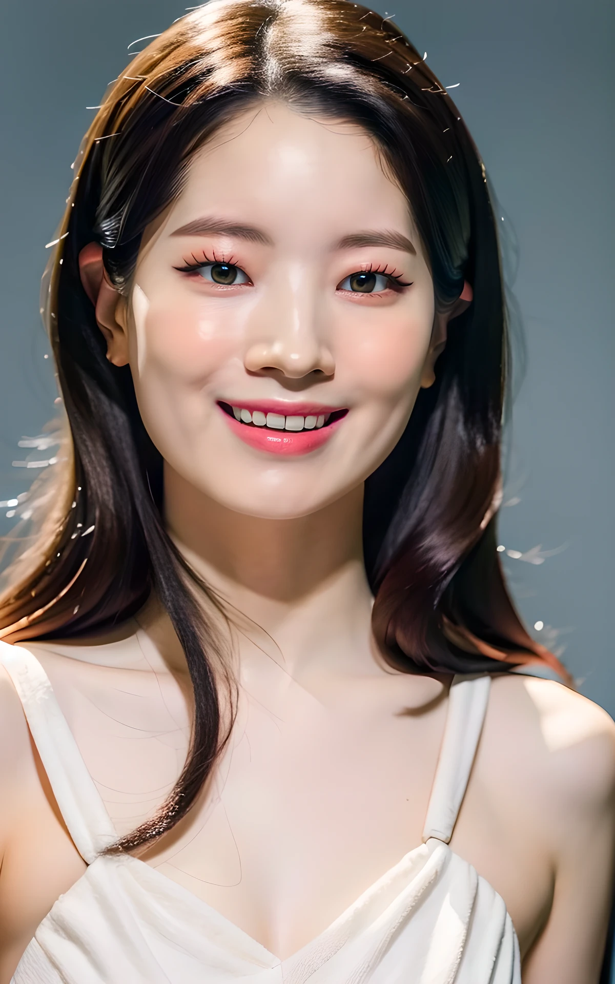 (smile:1.2), Best quality, masterpiece, ultra high res, (photorealistic:1.4), raw photo,1girl, solo, realistic, (looking at viewer:1.2), (upper body:1.3),simple gray background, white dress, long hair  <lora:Dahyun_V1:1> Dahyun_V1