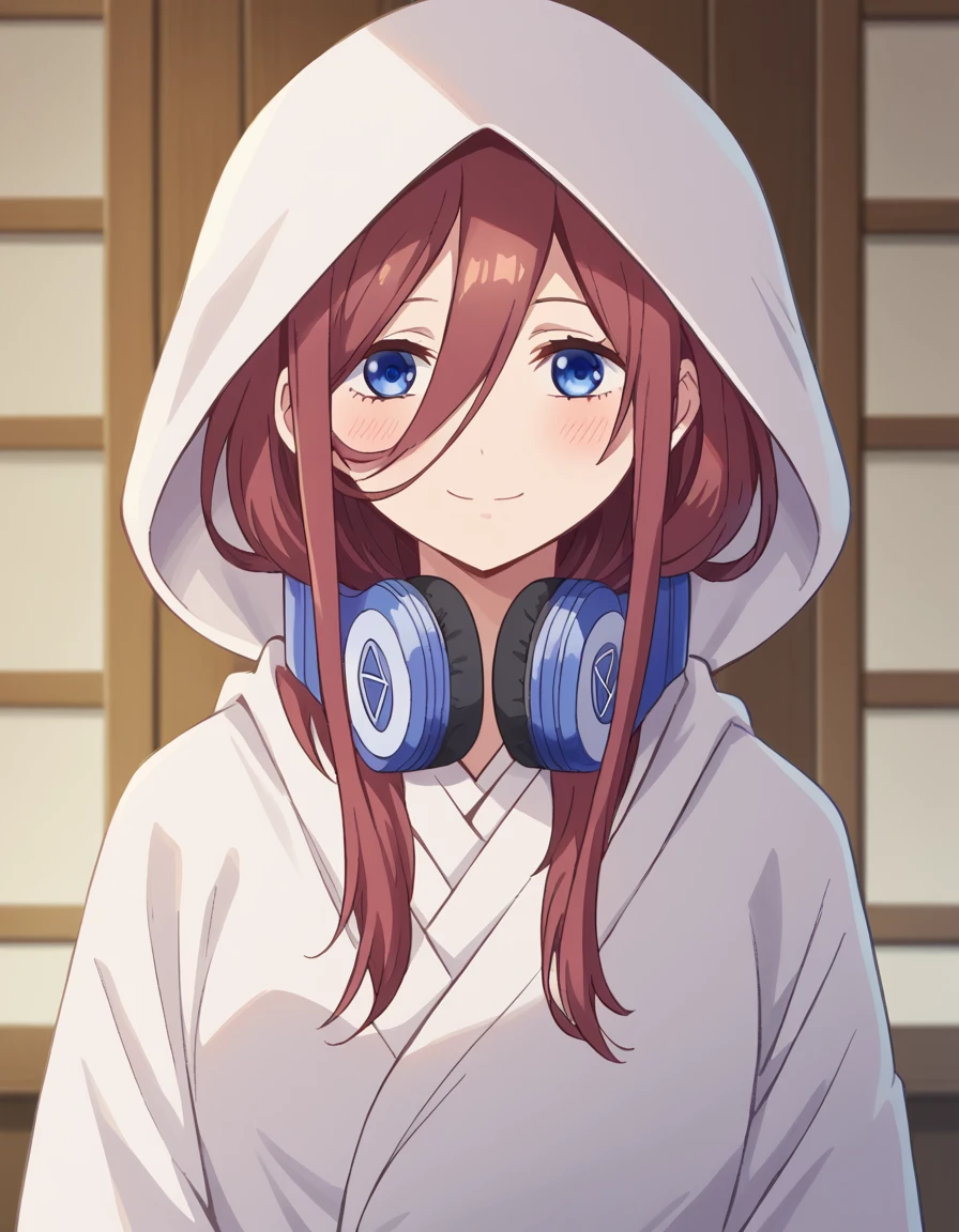 score_9, score_8_up, score_7_up, source_anime, mikunakano, <lora:miku-nakano-s1-ponyxl-lora-nochekaiser:1>, miku nakano, long hair, bangs, blue eyes, brown hair, hair between eyes, headphones, headphones around neck,, <lora:uchikake-ponyxl-lora-nochekaiser:1>, uchikake, wataboushi, shiromuku, white kimono, hooded kimono, bride, japanese clothes, hood,, indoors, wedding, smile, blush,, cowboy shot, dutch angle, looking at viewer,