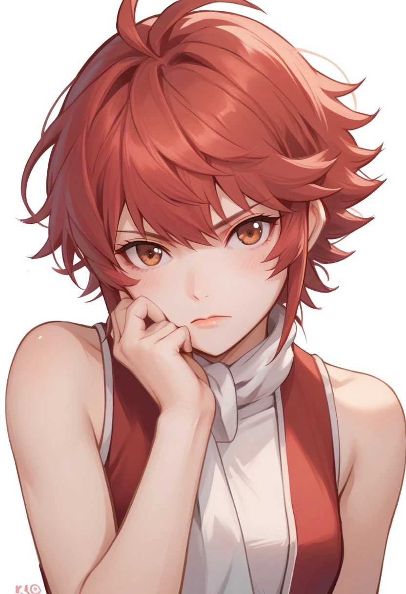 EnD_Hinoka, 1girl, bare shoulders, blush, brown eyes, closed mouth, hand on own chin, looking at viewer, red hair, short hair, simple background, sleeveless, solo, upper body, white background, BREAK  score_9, score_8_up, score_7_up, score_6_up, score_5_up, score_4_up,