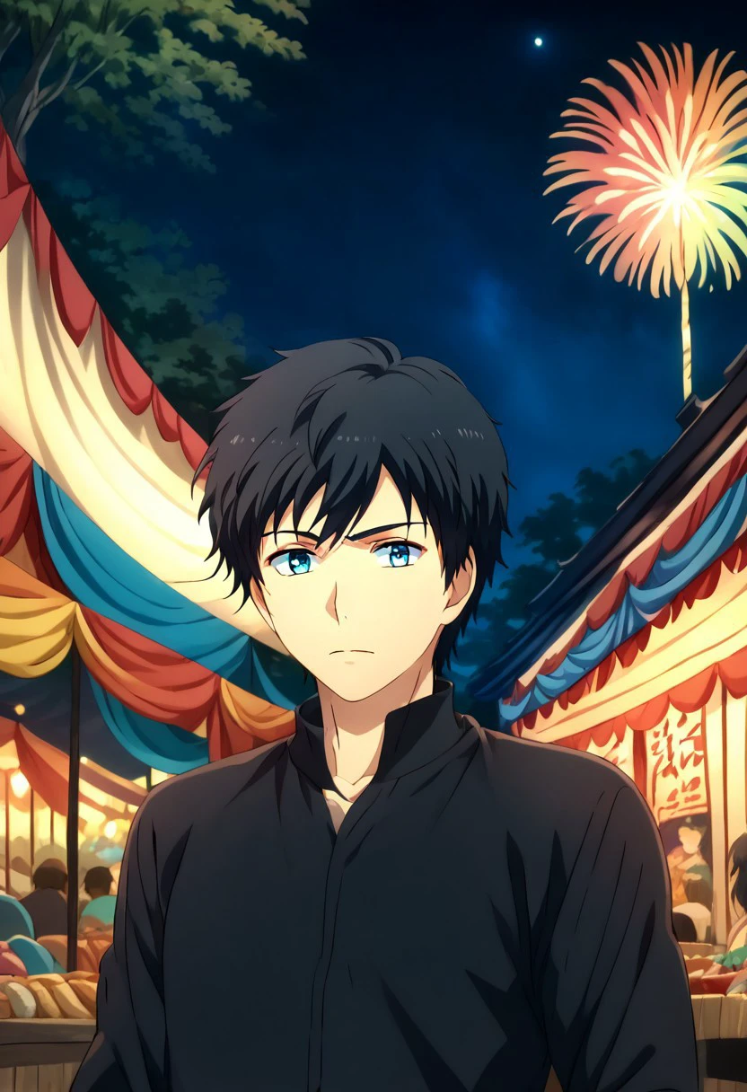 high resolution, solo, best quality, 1Boy, Arata Kaziaki, Black Hair, Blue Eyes, Festival, Night Festival, Firework, Dating,