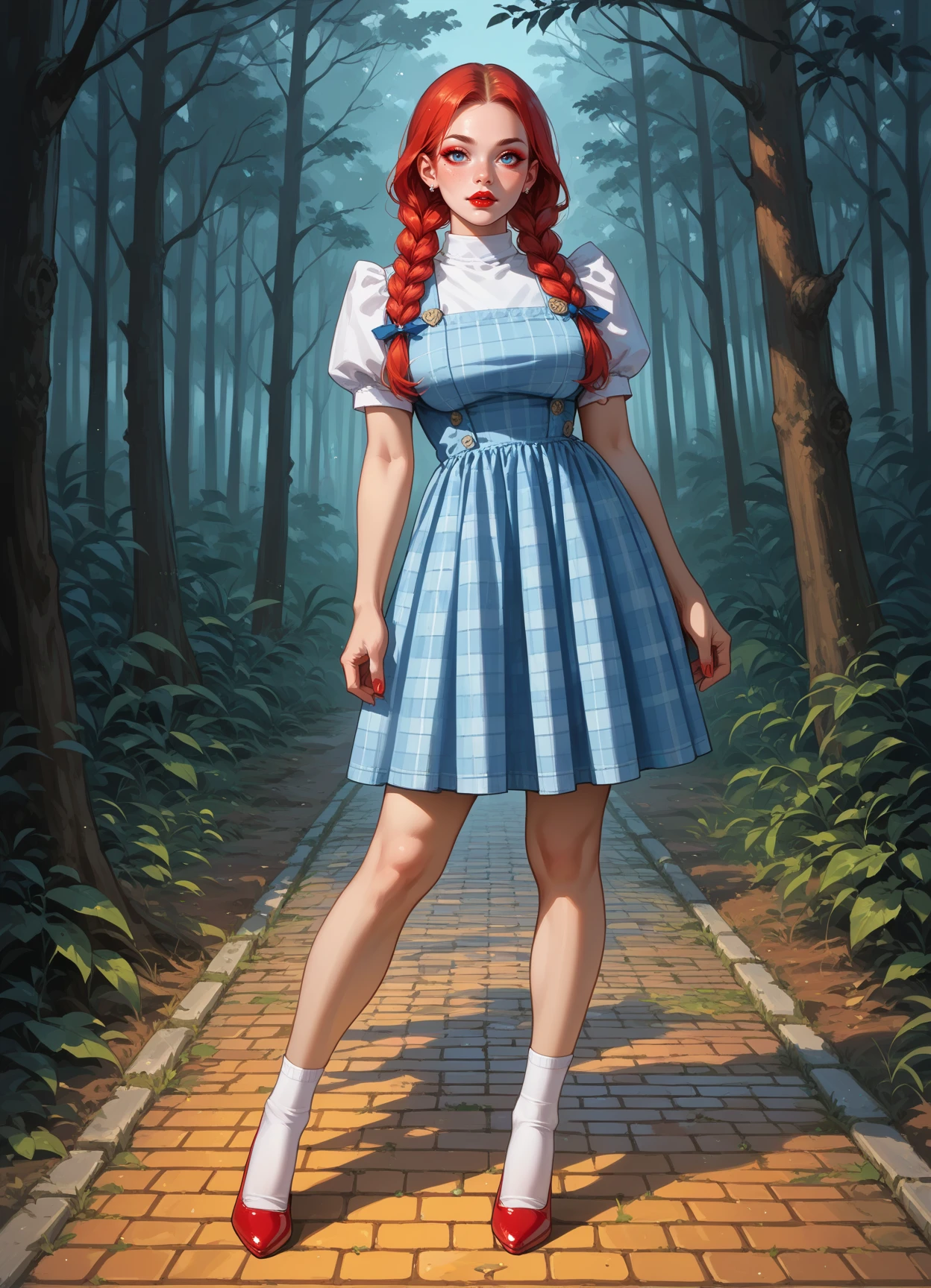 score_9, score_8_up, score_7_up, score_6_up, score_5_up, score_4_up, 1girl, solo, long red twin braids, makeup, lipstick, hud_drthy_drss, blue dress, pinafore dress, short puffy sleeves, plaid, <lora:dg-000008:0.6>, forest, dark, night, large breasts, sexy, red high heels, white socks, yellow brick road