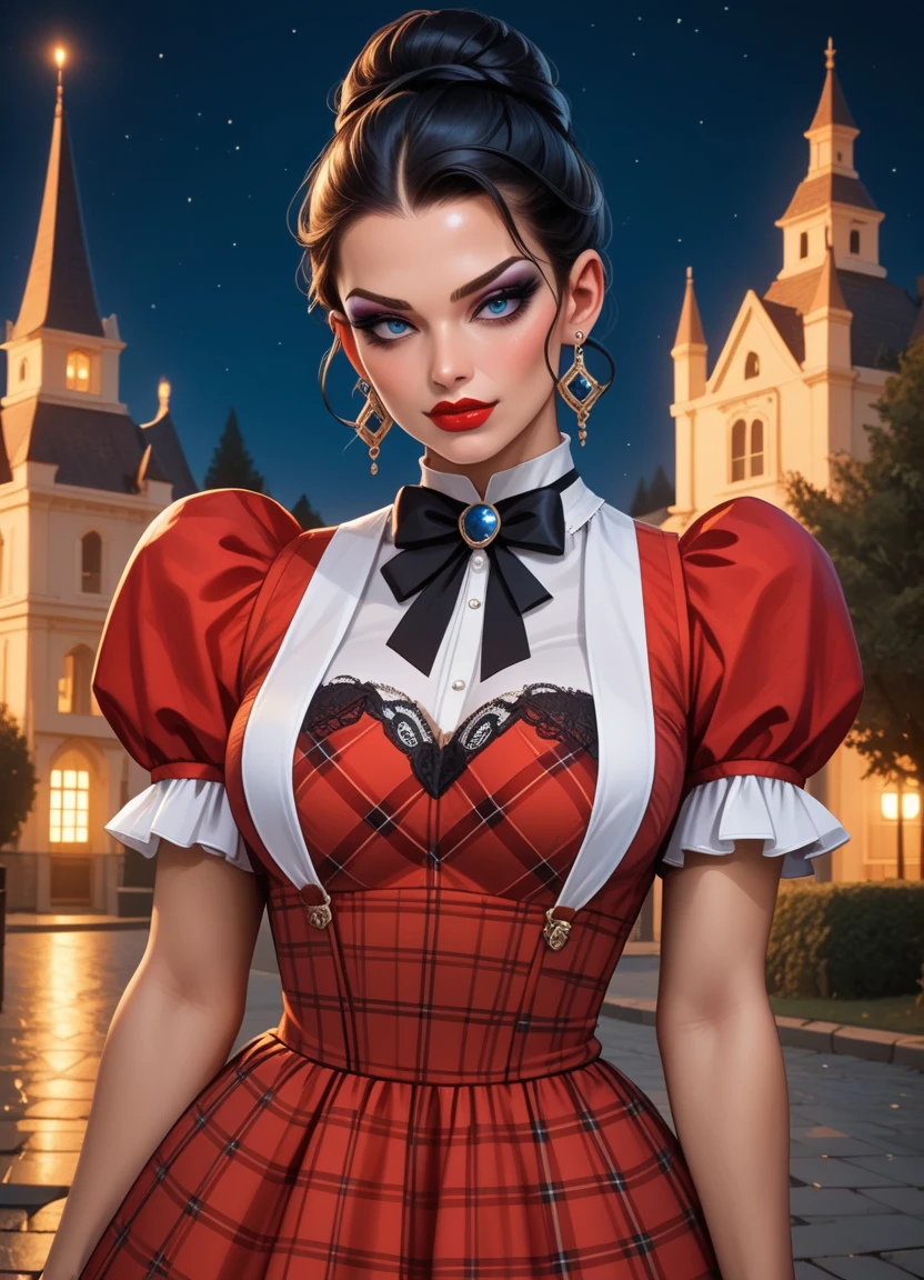 cinematic photo score_9, score_8_up, score_7_up, score_6_up, score_5_up, score_4_up, 1girl, solo, long black updo hair, blue eyes, makeup, lipstick, hud_drthy_drss, red dress, pinafore dress, short puffy sleeves, plaid, <lora:hud_drthy_drss_XLP:0.8>, dark, night, large breasts, sexy . 35mm photograph, film, bokeh, professional, 4k, highly detailed in a gothic getup. Dark, leather, lace, Victorian influence