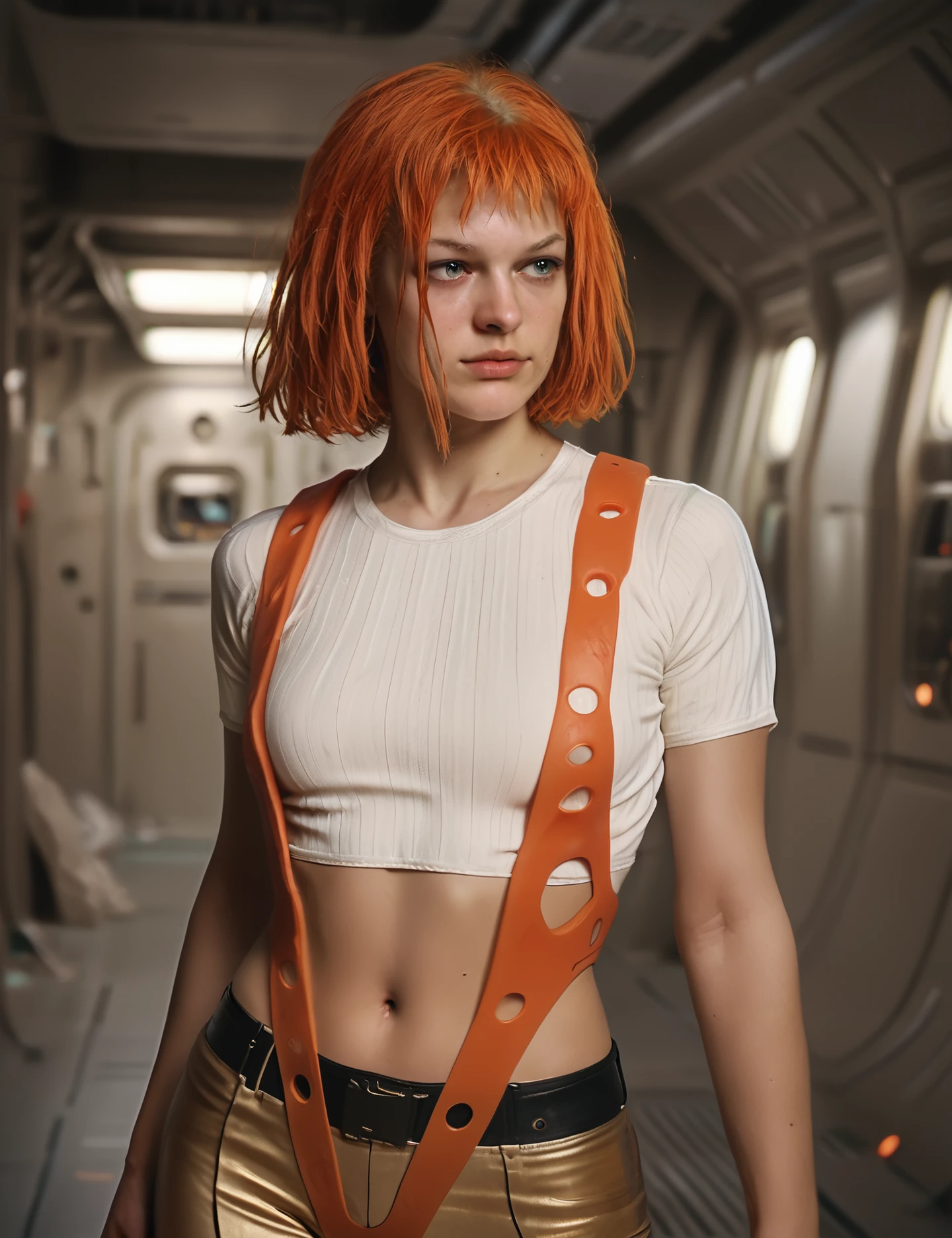 1girl, solo<lora:LeelooDallas:0.75> leeloo dallas, white shirt, suspenders, golden pants, realistic, sci-fi background, spaceship, score_9, score_8_up, score_7_up, score_6_up