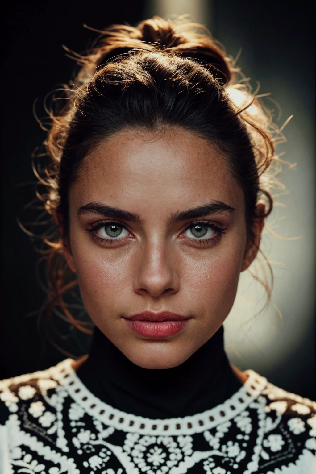 a woman wearing Embroidered boho tunic dress, (pure black background), (cinematic lighting:0.4) <lora:[PR]_-_Priscilla_Huggins_Ortiz:1> mt-priscilla, RAW candid cinema, 16mm, color graded portra 400 film, remarkable color, ultra realistic, textured skin, remarkable detailed pupils, realistic dull skin noise, visible skin detail, skin fuzz, dry skin, shot with cinematic camera