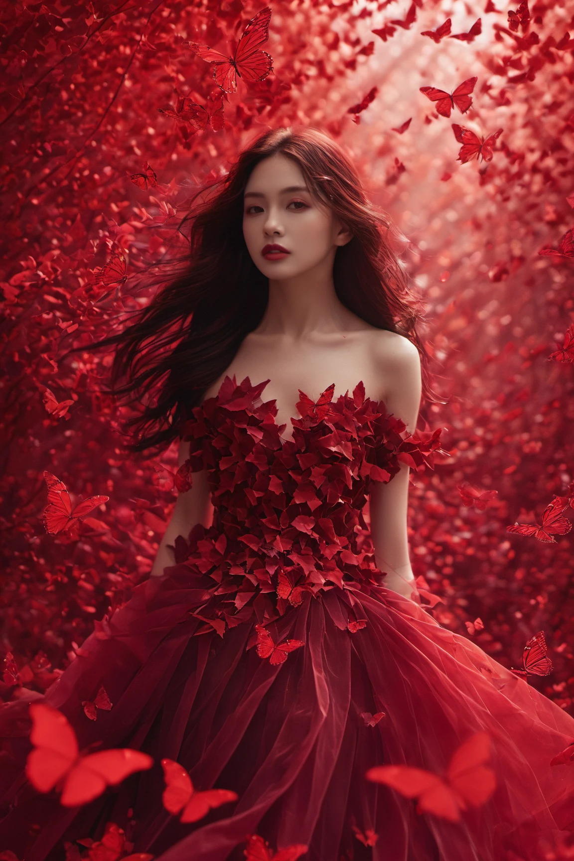 A woman surrounded by a myriad of ruby red butterflies. She wears a gown made of ruby red leaves, which flows gracefully around her. The backdrop is a ruby red-hued environment, possibly signifying a ruby forest or a magical realm. The woman's long, wavy hair flows freely, complementing the ethereal ambiance of the scene.<lora:EMS-411922-EMS:1.000000>