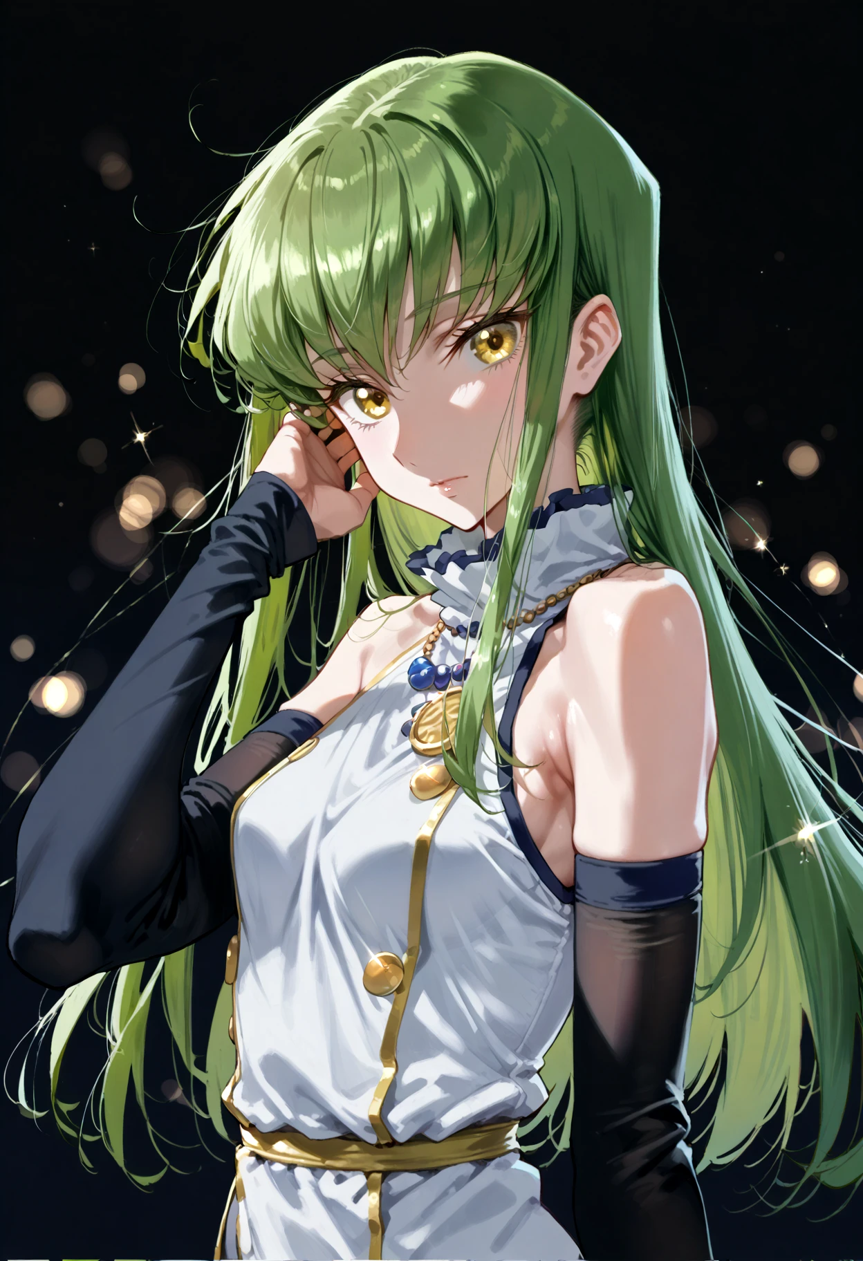 score_9, score_8_up, score_7_up, 1girl, c.c., code geass, armpit crease, bare shoulders, black background, black sleeves, bokeh, depth of field, detached sleeves, dress, green hair, hand in own hair, head tilt, long hair, long sleeves, looking at viewer, messy hair, skinny, sleeveless, sleeveless dress, solo, sparkle, upper body, yellow eyes
