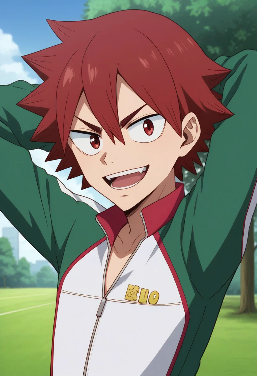 score_9, score_8_up, score_7_up, source_anime, highly detailed, 
naruko, male focus, 1boy, open mouth, solo, red hair, upper body, jacket, red eyes, track jacket, spiked hair, teeth, looking at viewer, smile,
hair between eyes, long sleeves, hands behind head,
outdoor, sky, tree,