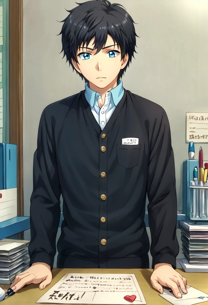 high resolution, solo, best quality, 1Boy, Arata Kaziaki, Black Hair, Blue Eyes, Writing a letter, stationery, heartfelt, personal,