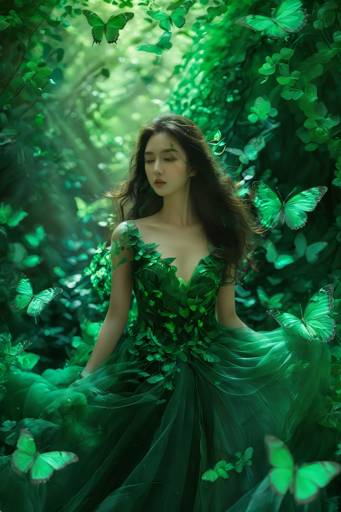 A woman surrounded by a myriad of jade green butterflies. She wears a gown made of jade green leaves, which flows gracefully around her. The backdrop is a jade green-hued environment, possibly signifying a jade forest or a magical realm. The woman's long, wavy hair flows freely, complementing the ethereal ambiance of the scene.<lora:EMS-310343-EMS:0.800000>, <lora:EMS-411922-EMS:0.800000>