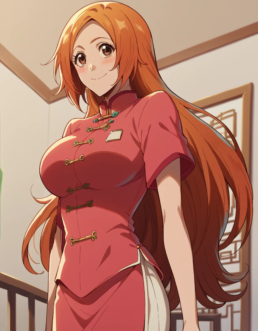 score_9, score_8_up, score_7_up, source_anime, inoueorihime, <lora:inoue-orihime-tybw-ponyxl-lora-nochekaiser:1>, inoue orihime, long hair, orange hair, brown eyes,, <lora:tangzhuang-ponyxl-lora-nochekaiser:1>, tangzhuang, chinese clothes,, indoors, smile, blush,, full body, dutch angle, looking at viewer,