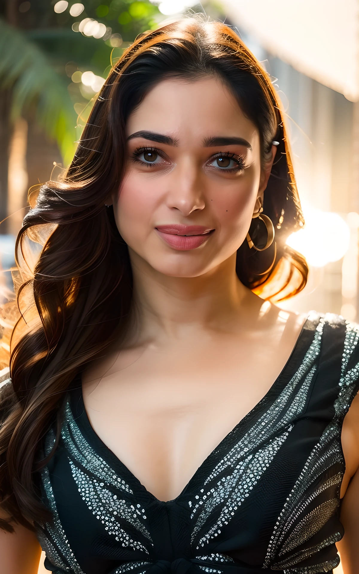 <lora:Tamannaah:1> Tamannaah,, (realistic), (hyperrealism), (photorealistic:1.4), 1girl, looking at the viewer, eye makeup, detailed eyes, detailed face, (upper body:1.2), detailed background, black dress, walking at the streets, sunset, (windy:1.2)