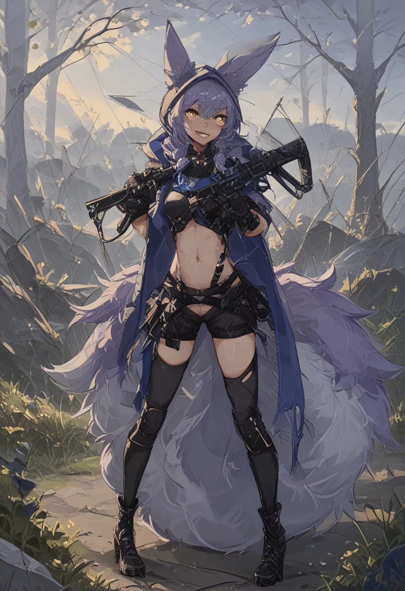 Expressiveh, By bad artist, bad_prompt_version2, score_9, score_8_up, score_7_up, 1girl, shuuko, provence, animal ears, tail, wolf tail, purple hair, wolf ears, long hair, yellow eyes, braid, large tail, hair between eyes, bangs, navel,  breasts, gloves, short sleeves, hood, shorts, high heels, black footwear, boots, high heel boots, thighhigh, black thighhighs, black shorts, black gloves, jaket, midriff, full body, holding weapon, aiming gun, field of grass, forest, rain