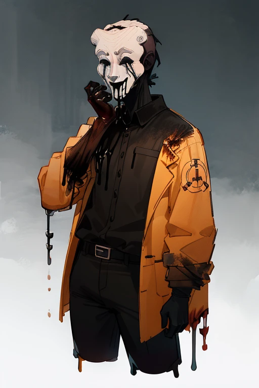 <lora:sco035-09:1>scp035, cowboy shot, dark background, gore, vomiting blood, lab coat, black pants,  clothed, black slime, blood, covered in black slime, detailed background,, masterpiece, best quality