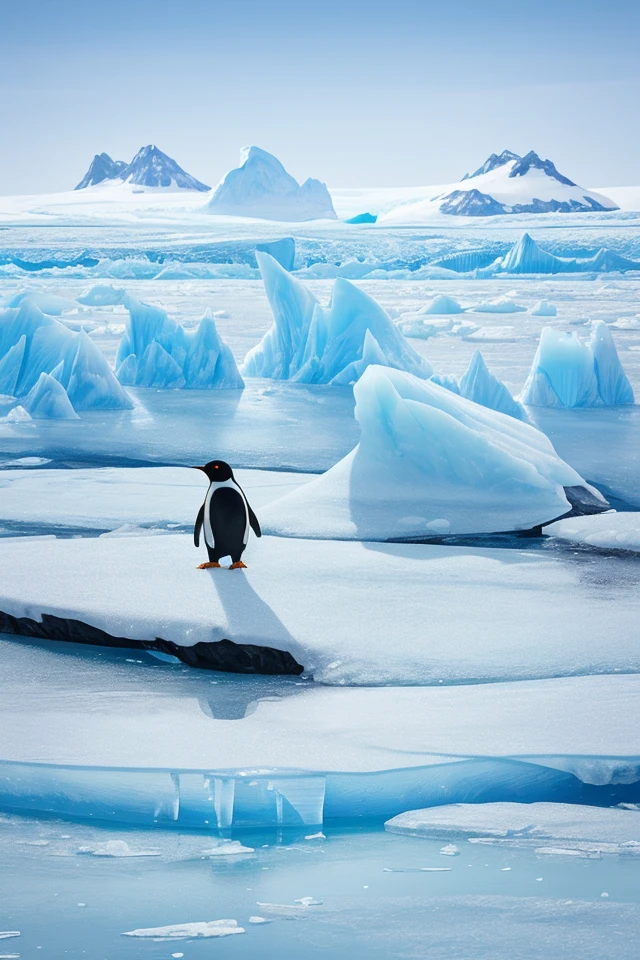 landscape-photography, glacier, a penguin on ice,