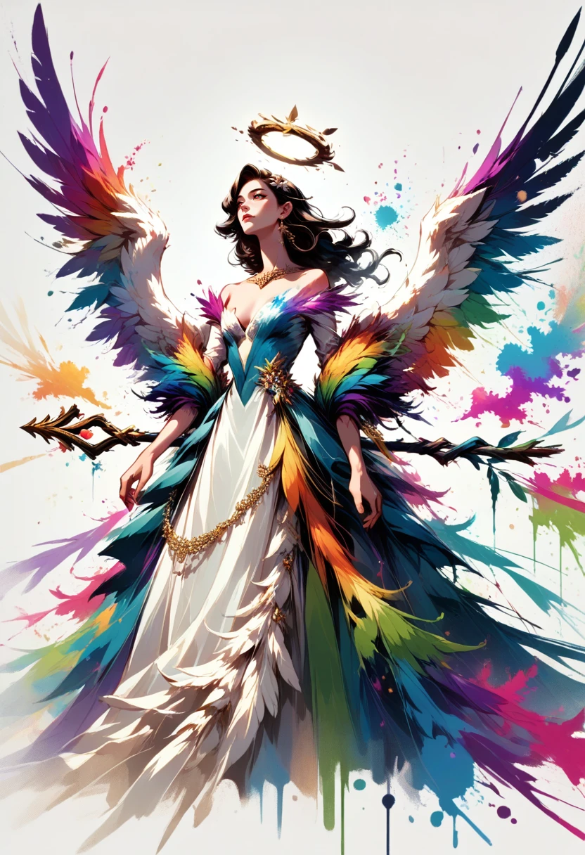 score_9, score_8_up, score_7_up, source_anime, 
<lora:wrenchinktapestry:1>, inktapestry, colorful, paint splatter, 
female, angel, angel humanoid, looking down, holding staff, symbol-shaped pupils, elegant, elegant dress, halo, feathered wings, jewelry, belly chain, feathers,